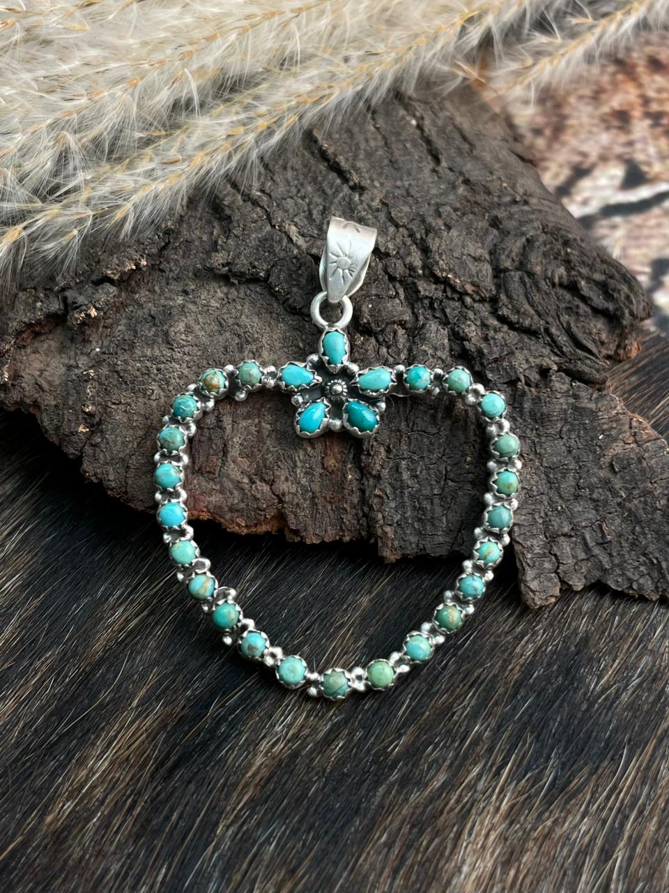 Handmade Sterling Silver Kingman Turquoise Heart Pendant "Signed Nizhoni"