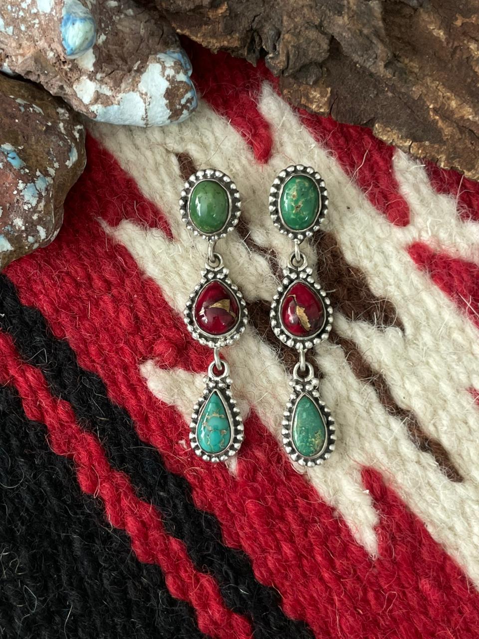 Handmade Sterling Silver Dahlia Rose with Emerald Valley Turquoise Post Earrings "Signed Nizhoni"