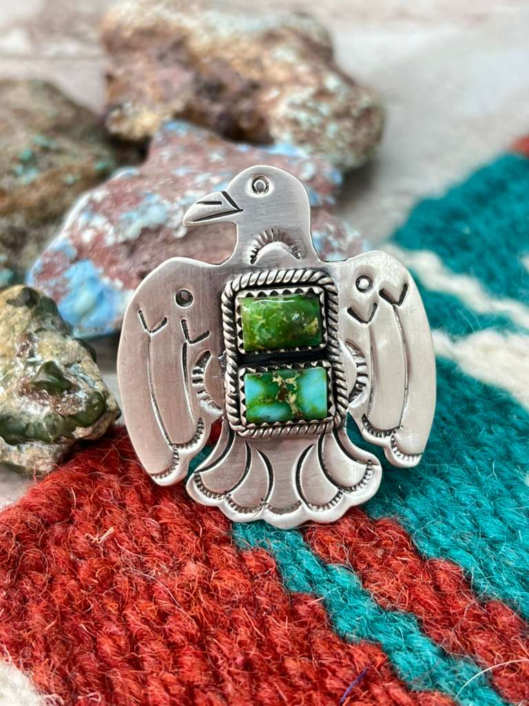 Handmade Sterling Silver Sonoran Mountain Turquoise Thunder Bird Adjustable Rings "Signed Nizhoni"