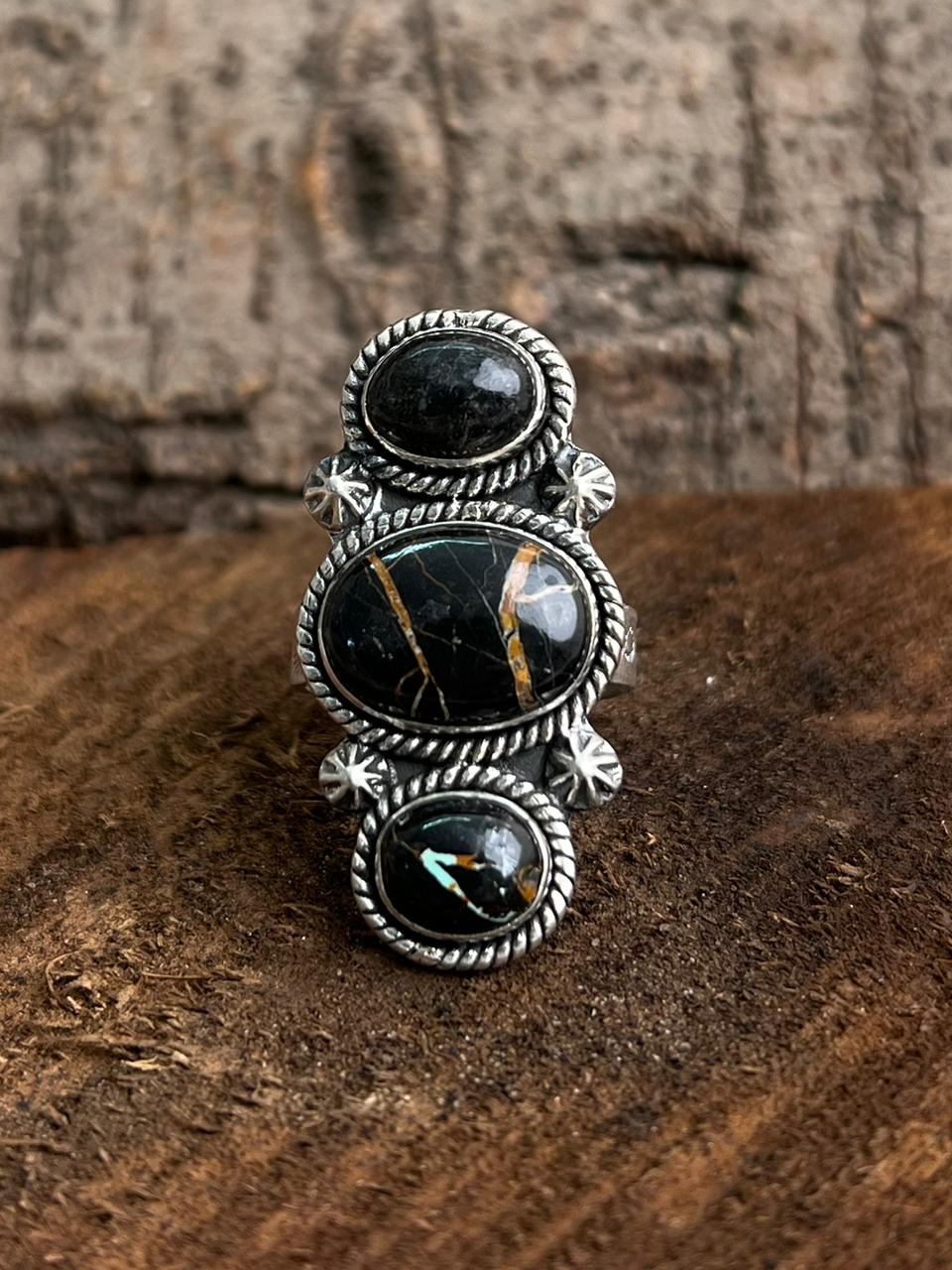 Handmade Sterling Silver Blackjack Turquoise Adjustable Ring "Signed Nizhoni"