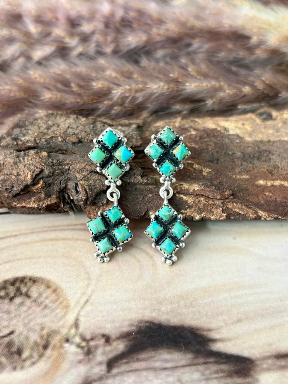 Handmade Sterling Silver Kingman Turquoise Post Dangle Earrings Signed Nizhoni