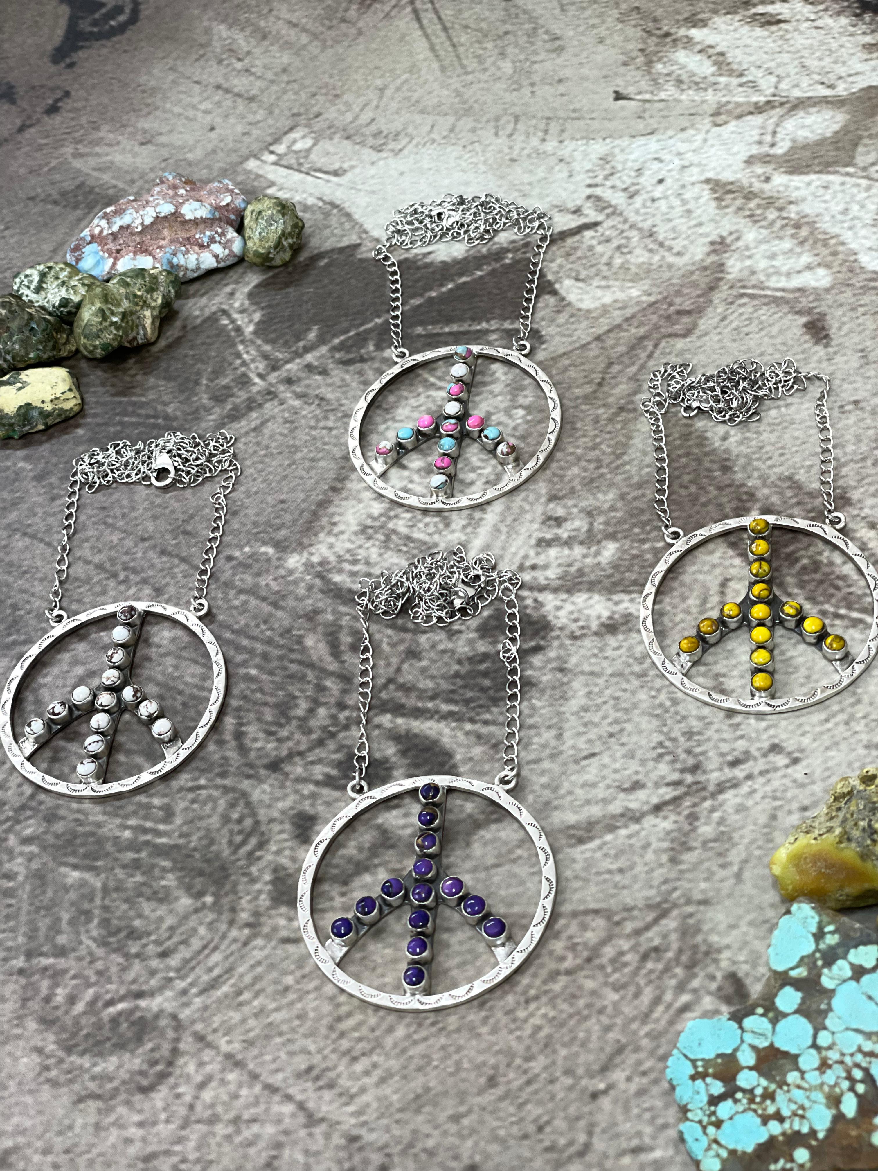 Handmade Sterling Silver Multi Stone PEACE Necklace Signed Nizhoni