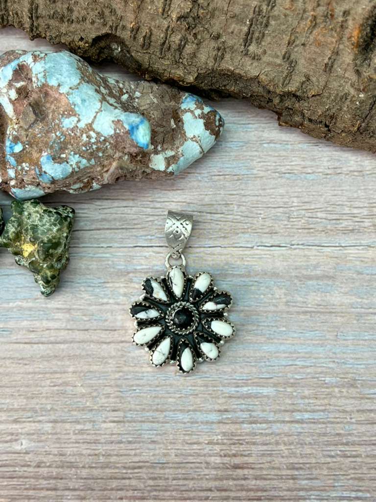 Handmade Sterling Silver White Buffalo Turquoise Pendant with Signed Nizhoni