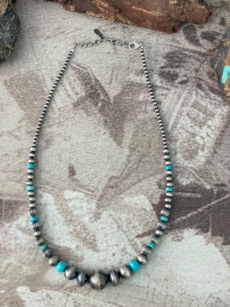 Handmade Sterling Silver Kingman Turquoise Beaded Necklace Signed Nizhoni