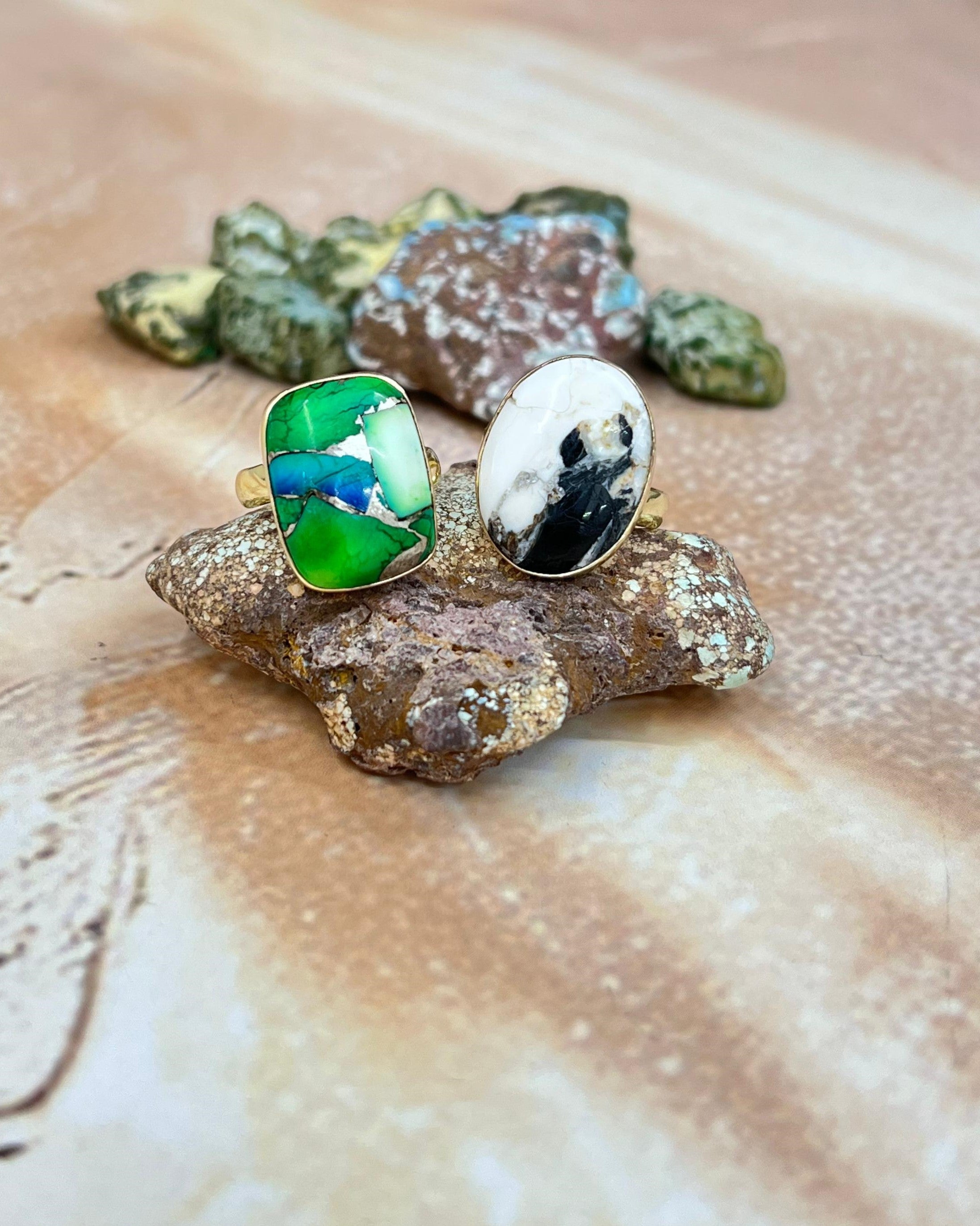 “The Golden Collection” Natural White Buffalo, Peacock Dahlia Single Stone Adjustable Ring