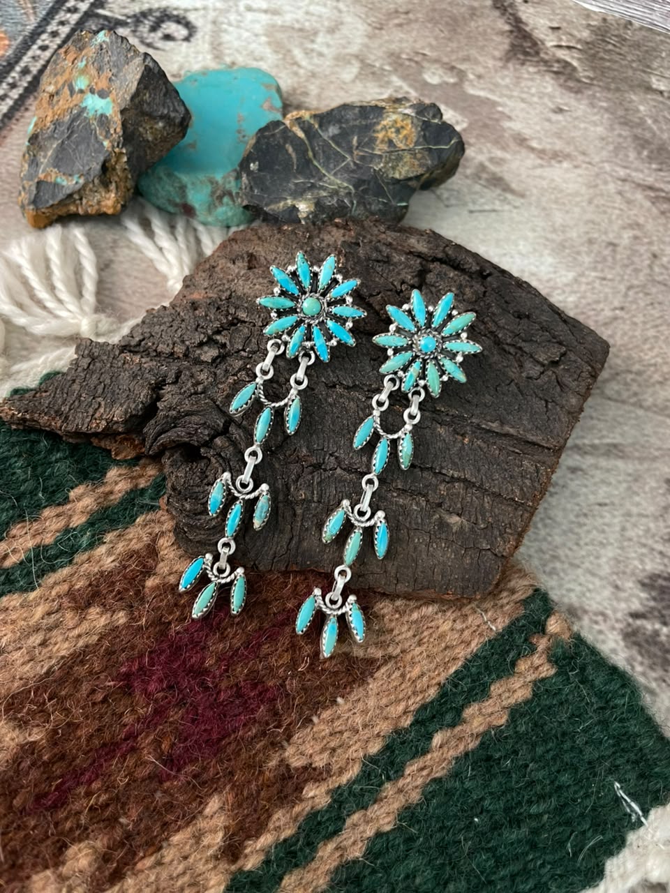 Handmade Sterling Silver Kingman Turquoise Post Dangle Earrings Signed Nizhoni