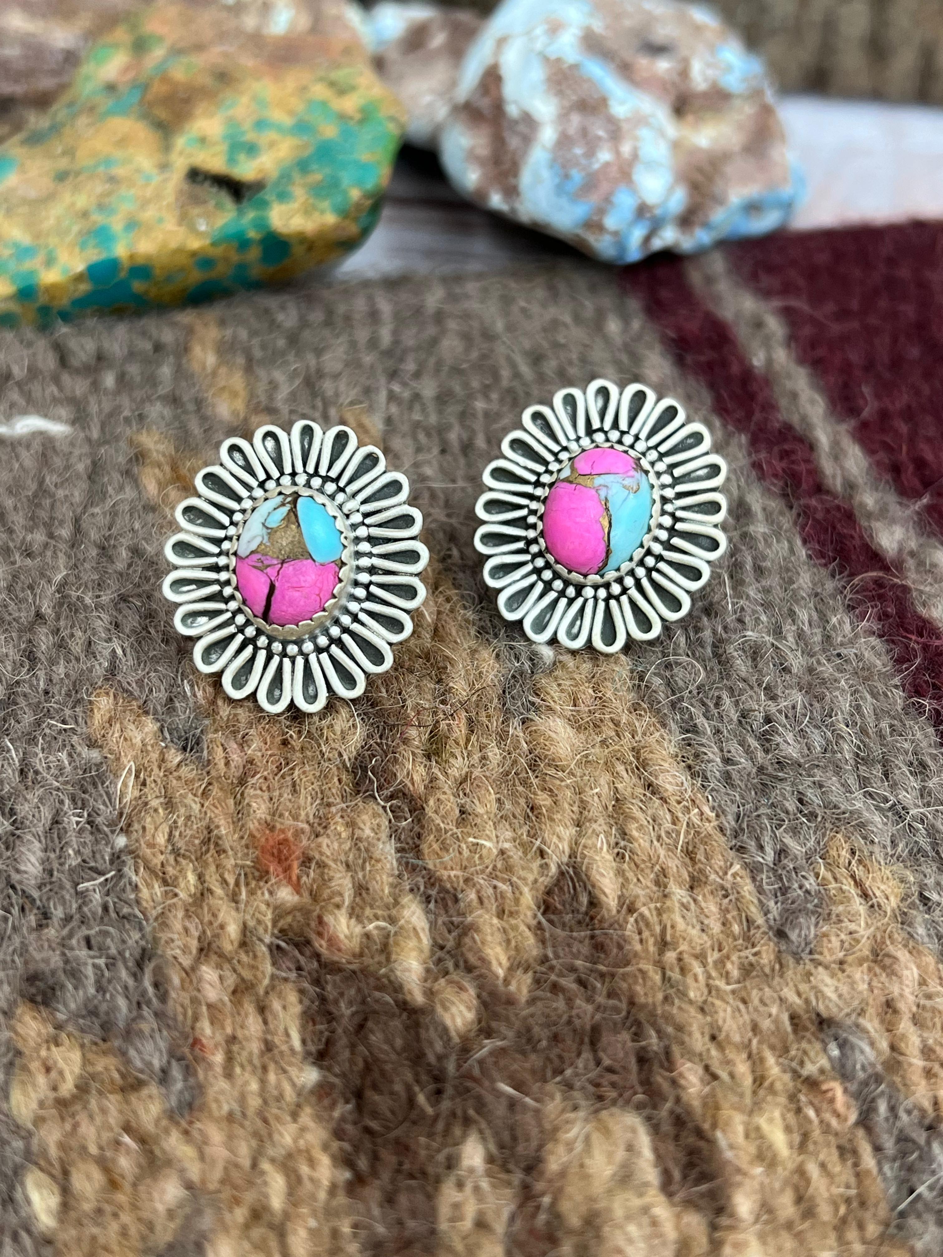 Handmade Sterling Silver Cotton Candy Turquoise Flower Studs with Signed Nizhoni