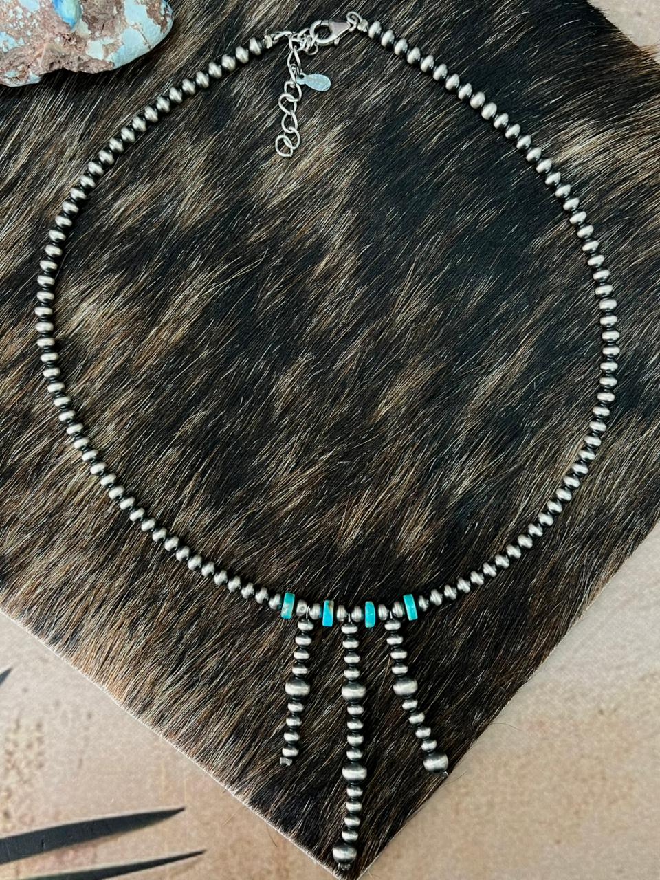 Handmade Sterling Silver Kingman Turquoise Beaded Necklace "Signed Nizhoni"