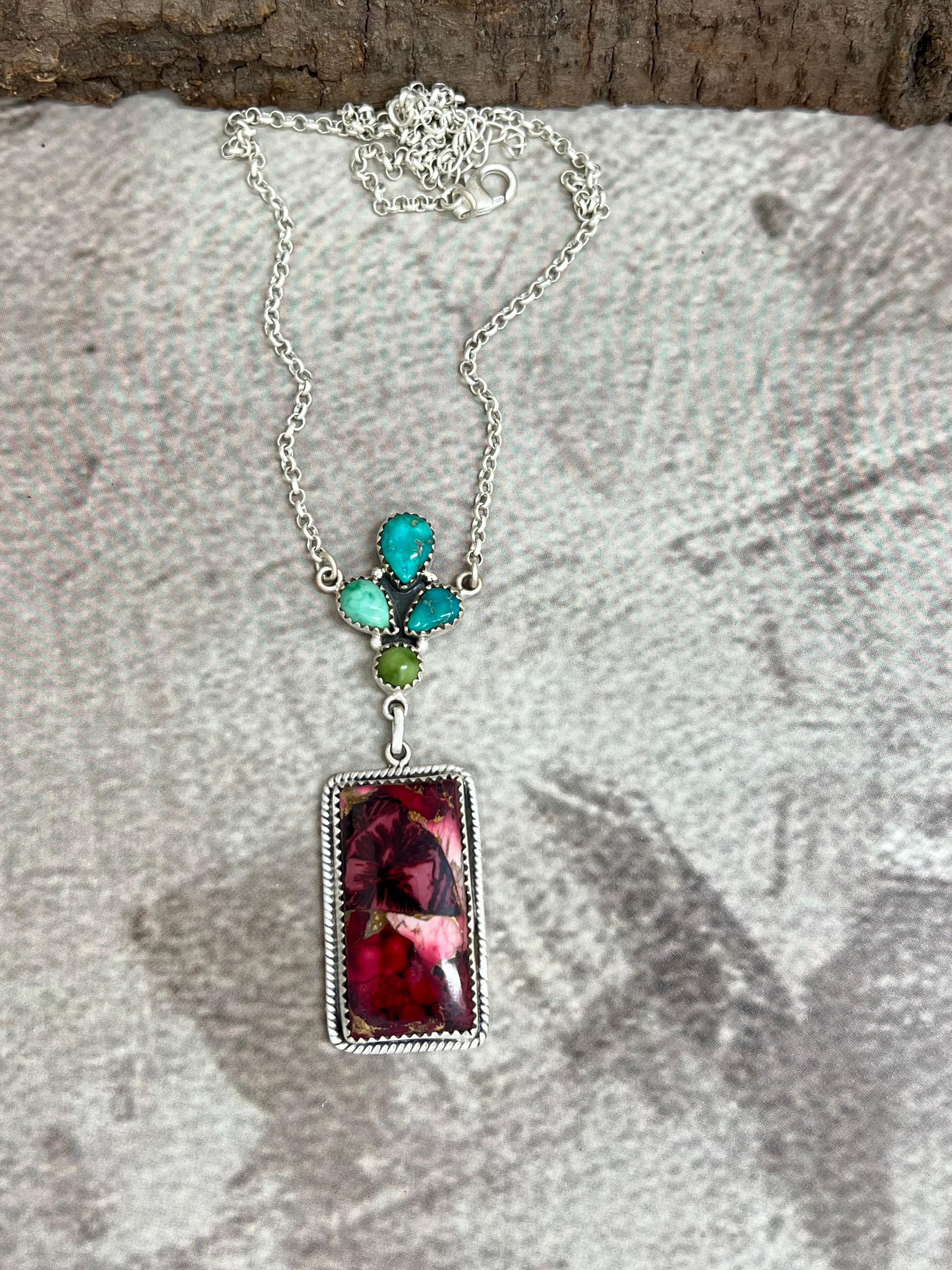 Handmade Sterling Silver Emerald Valley with Dahlia Rose Necklace with Signed Nizhoni