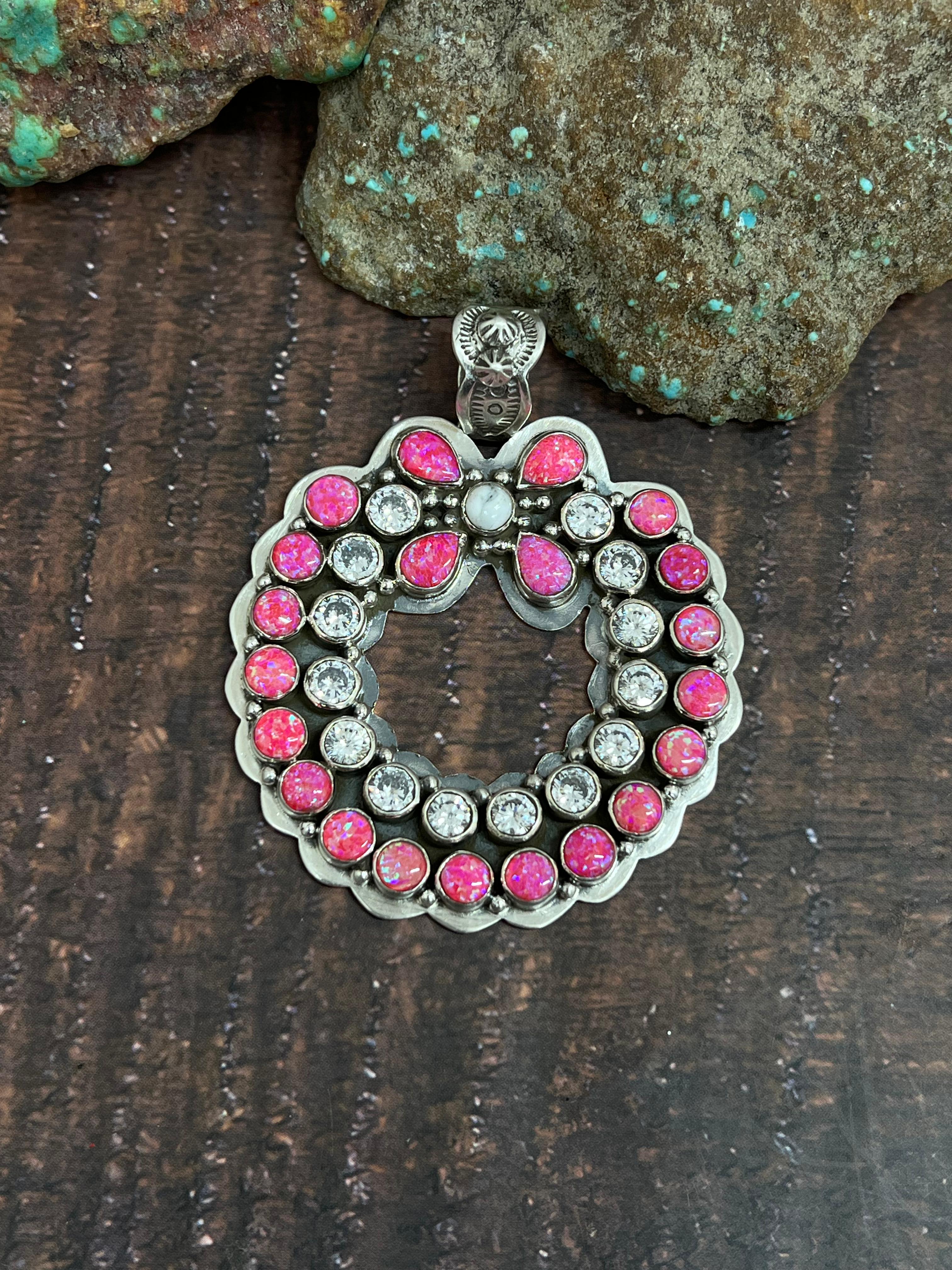 Handmade Sterling Silver Hot Pink with CZ Pendant, Signed Nizhoni