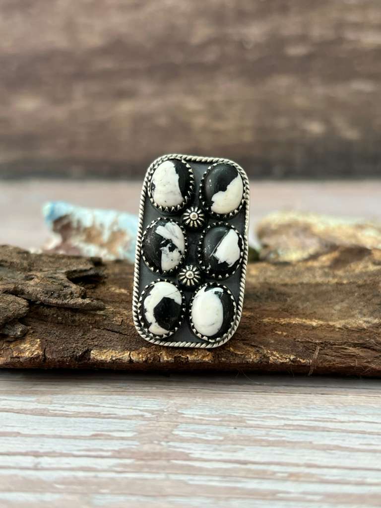 Handmade Sterling Silver White Buffalo Adjustable Ring with Signed Nizhoni