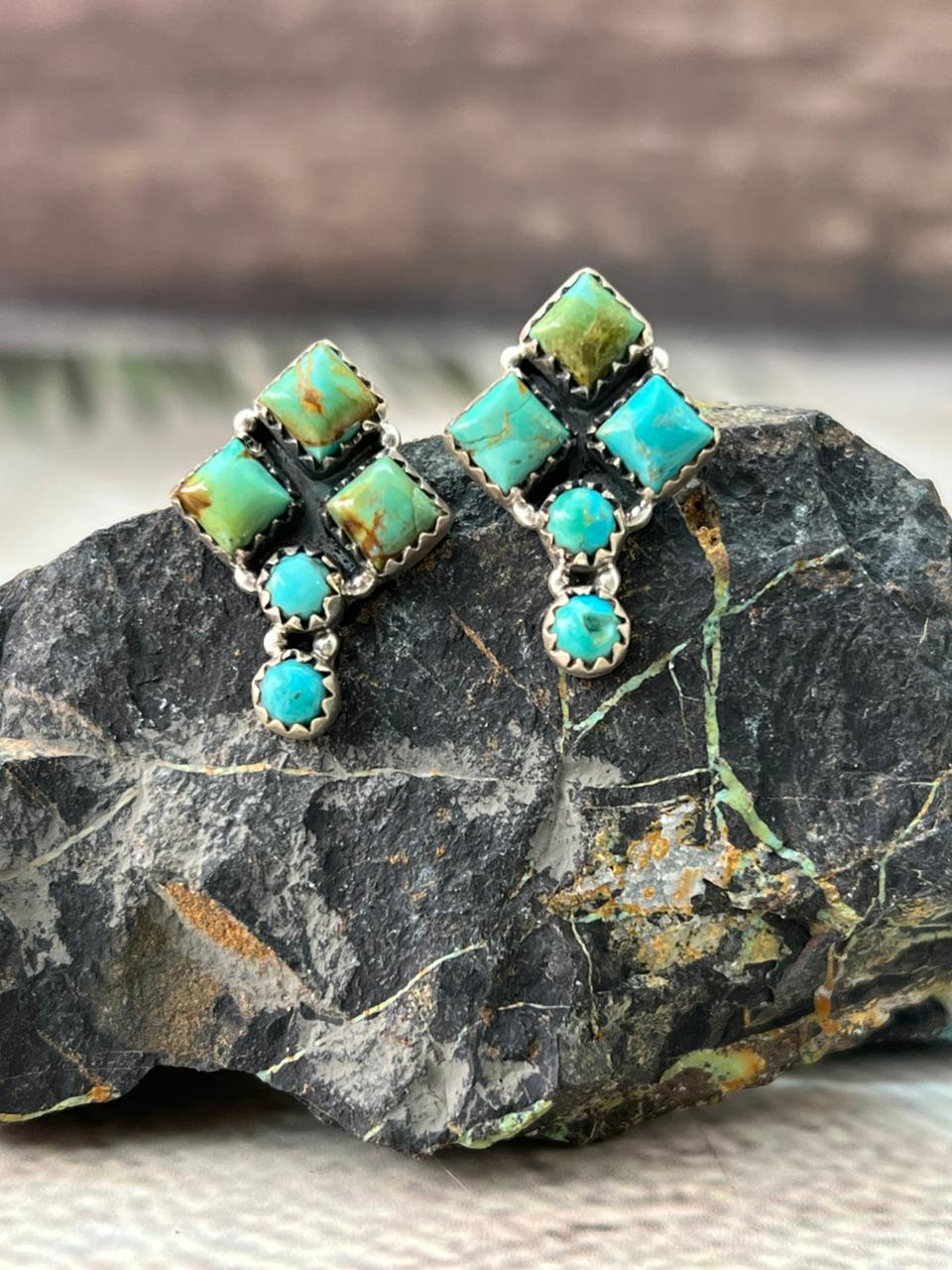 Handmade Sterling Silver Kingman Turquoise Post Studs Earrings "Signed Nizhoni"