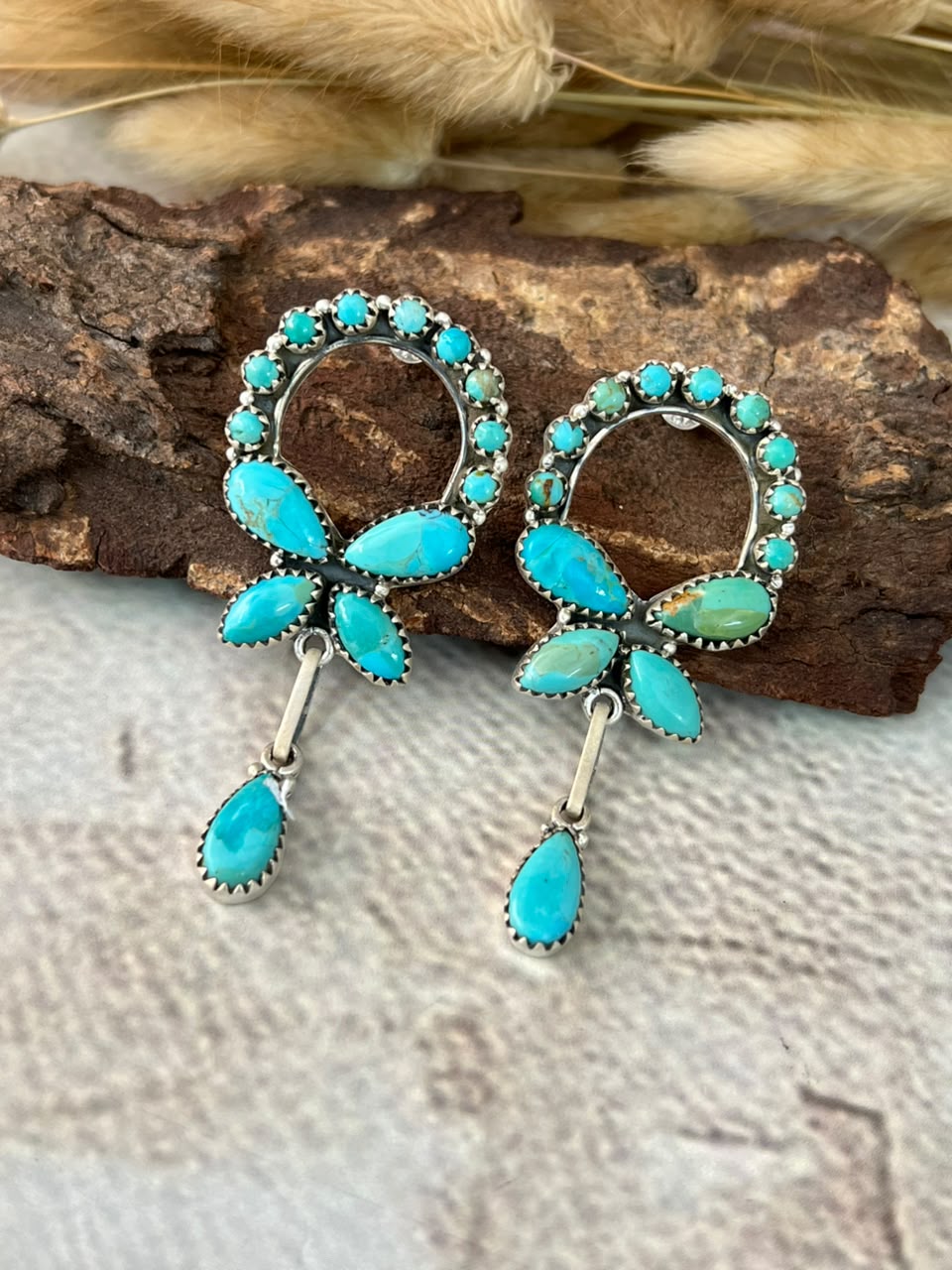 Handmade Sterling Silver Kingman Turquoise Post Dangle Earrings Signed Nizhoni