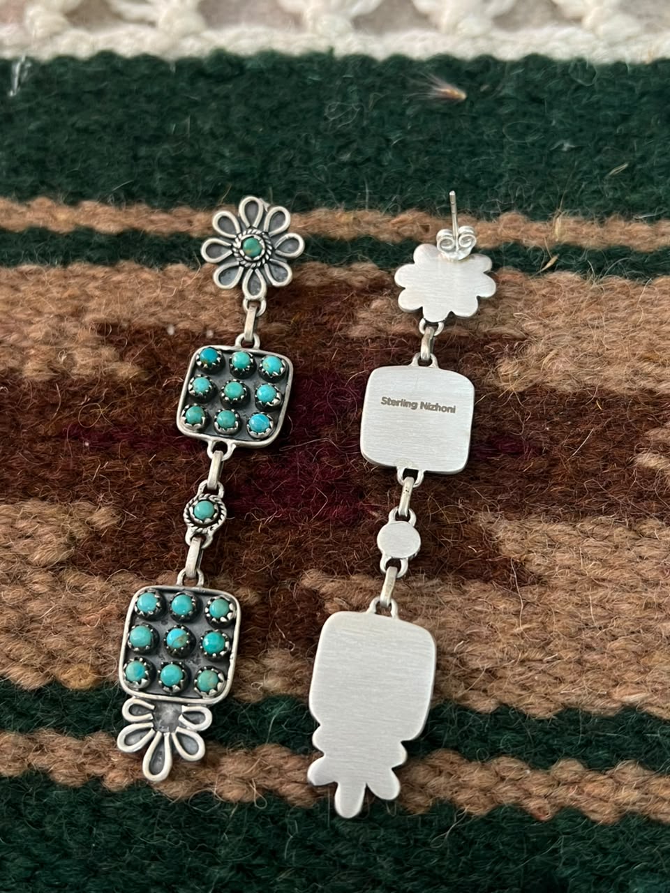 Handmade Sterling Silver Kingman Turquoise Post Dangle Earrings Signed Nizhoni