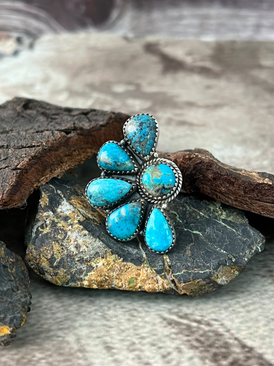 Handmade Sterling Silver Ithaca Peak Turquoise Adjustable Ring Signed Nizhoni