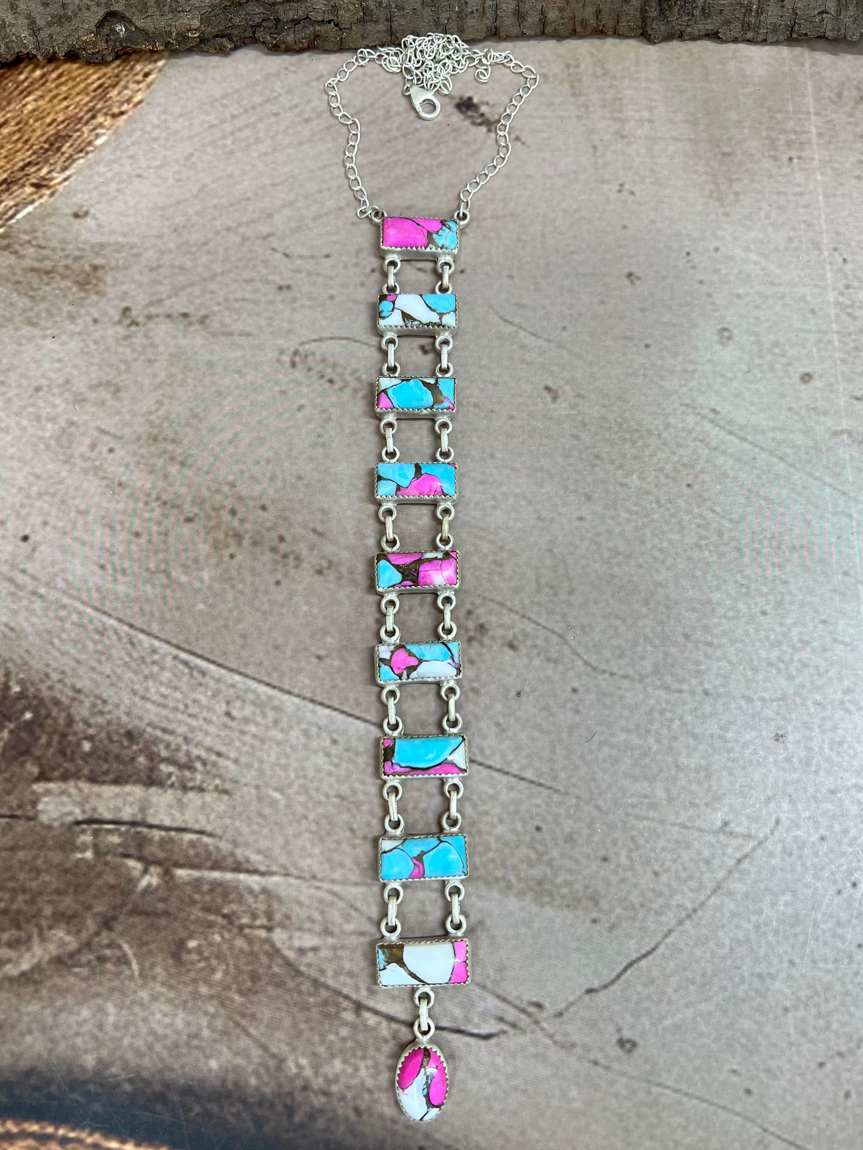 Handmade Sterling Silver Cotton Candy Turquoise Stairs Necklace with Signed Nizhoni