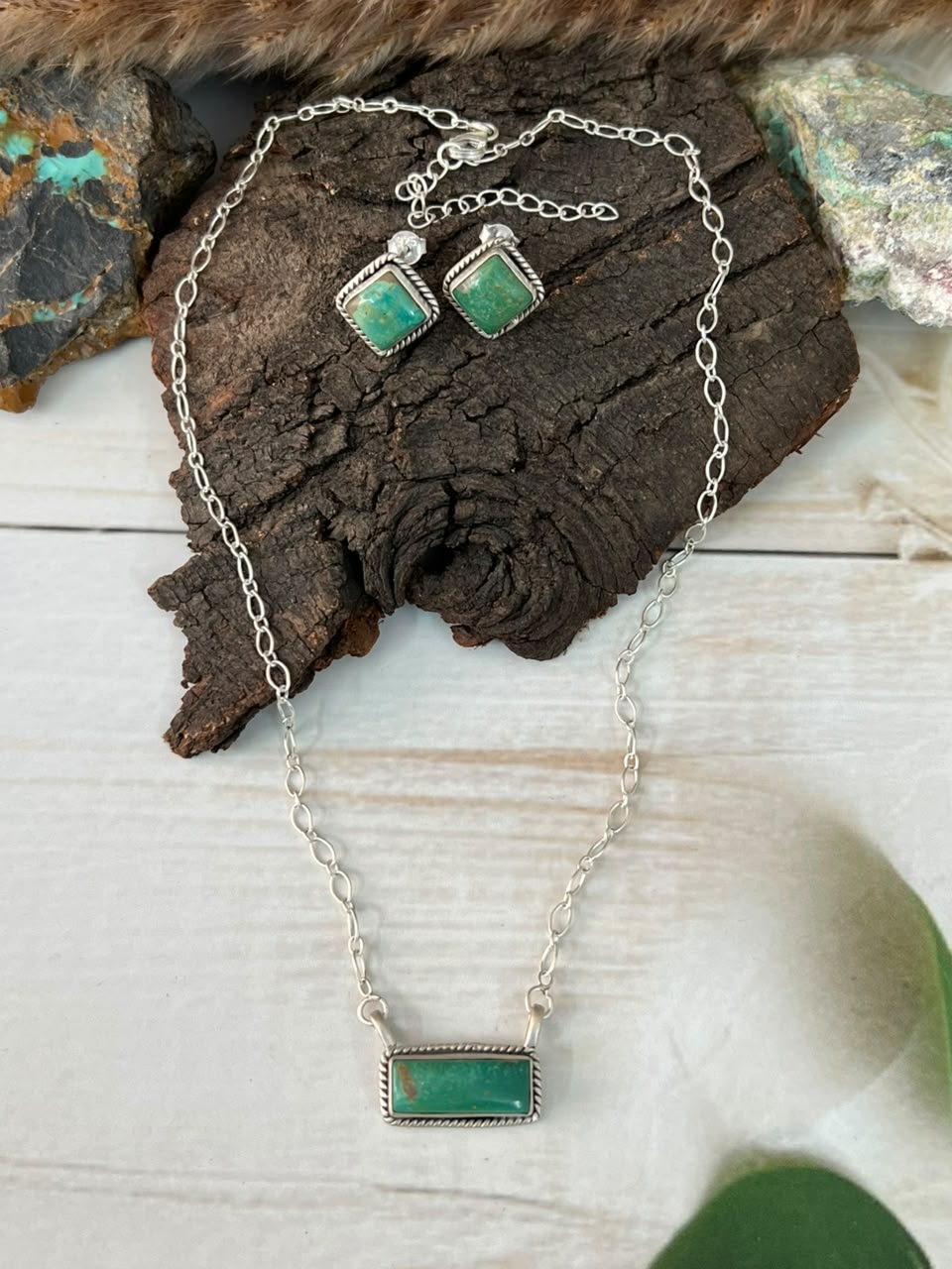 Handmade Sterling Silver Hachita Turquoise Necklace and Earrings Set Signed Nizhoni
