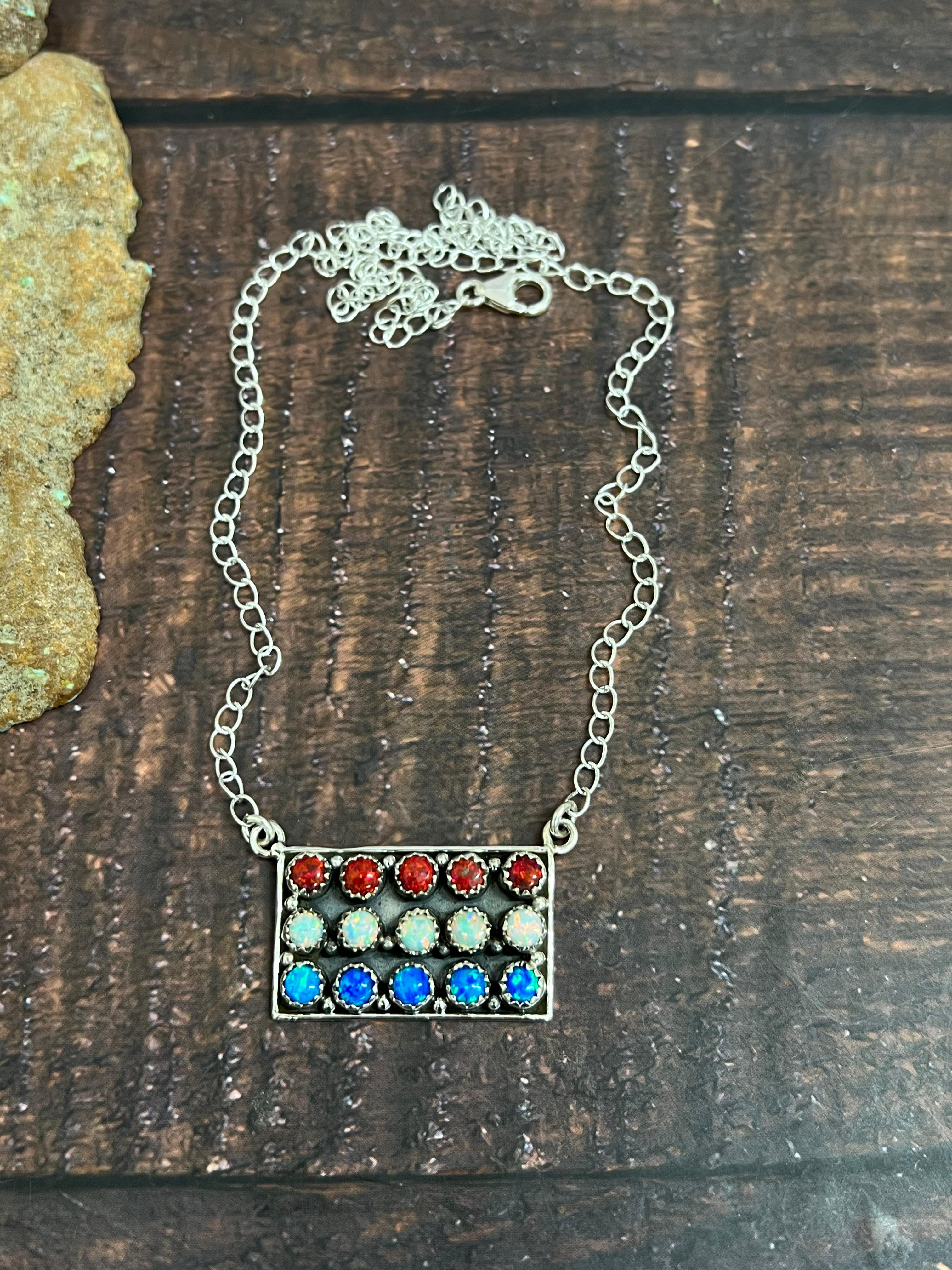 ** 4TH OF JULY ** Handmade Sterling Silver Synthetic Opal Necklace with Signed Nizhoni