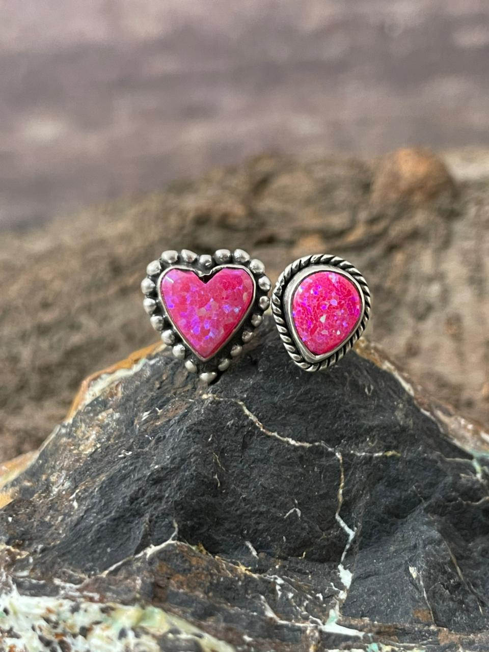 "Heart Collection" Handmade Sterling Silver Hot Pink Adjustable Ring "Signed Nizhoni"