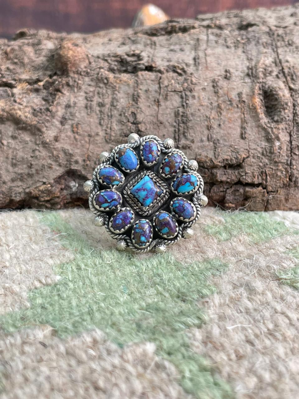 Handmade Sterling Silver Purple Copper Turquoise Adjustable Ring "Signed Nizhoni"