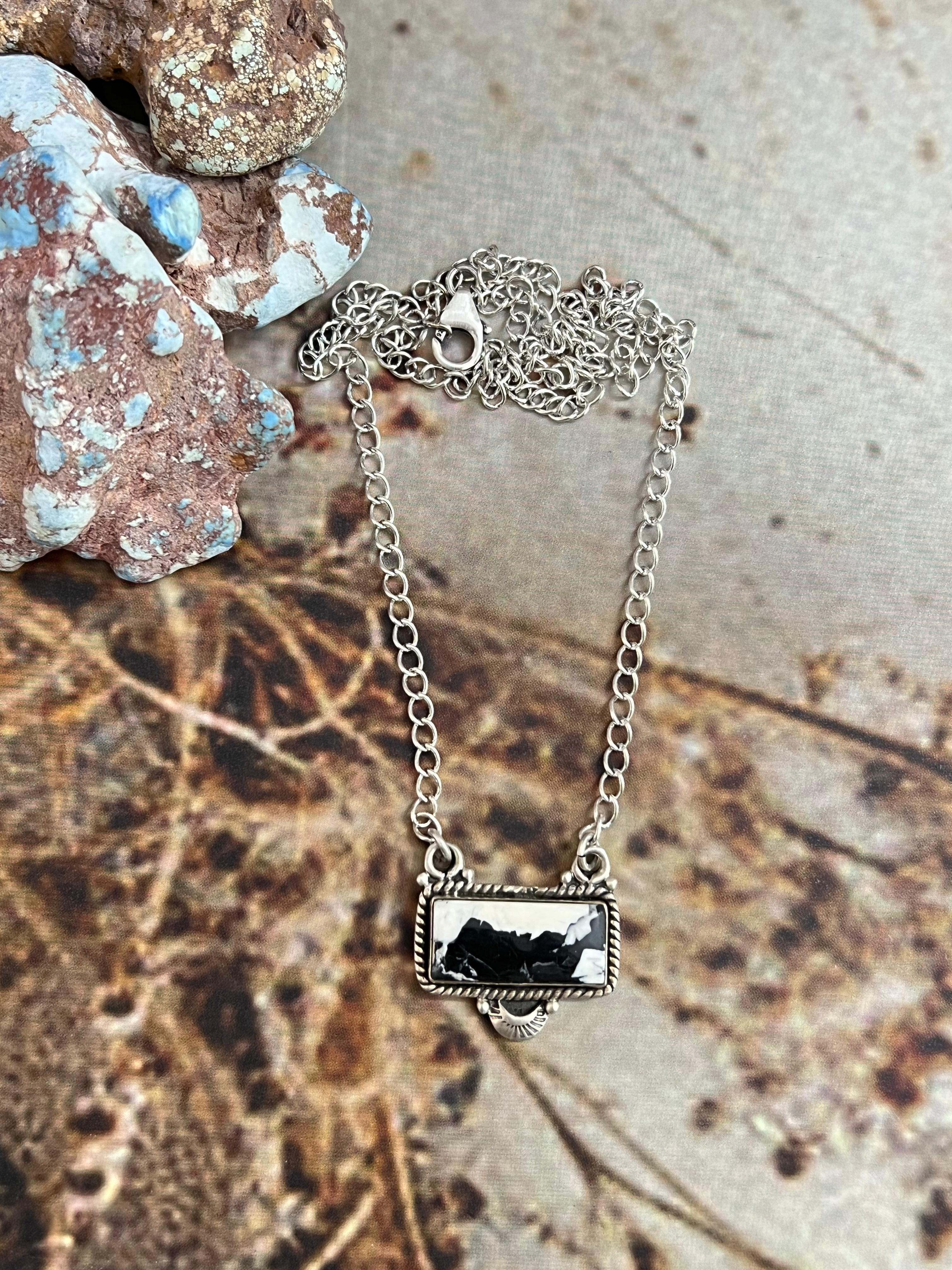 Handmade Sterling Silver White Buffalo Bar Necklace with Signed Nizhoni