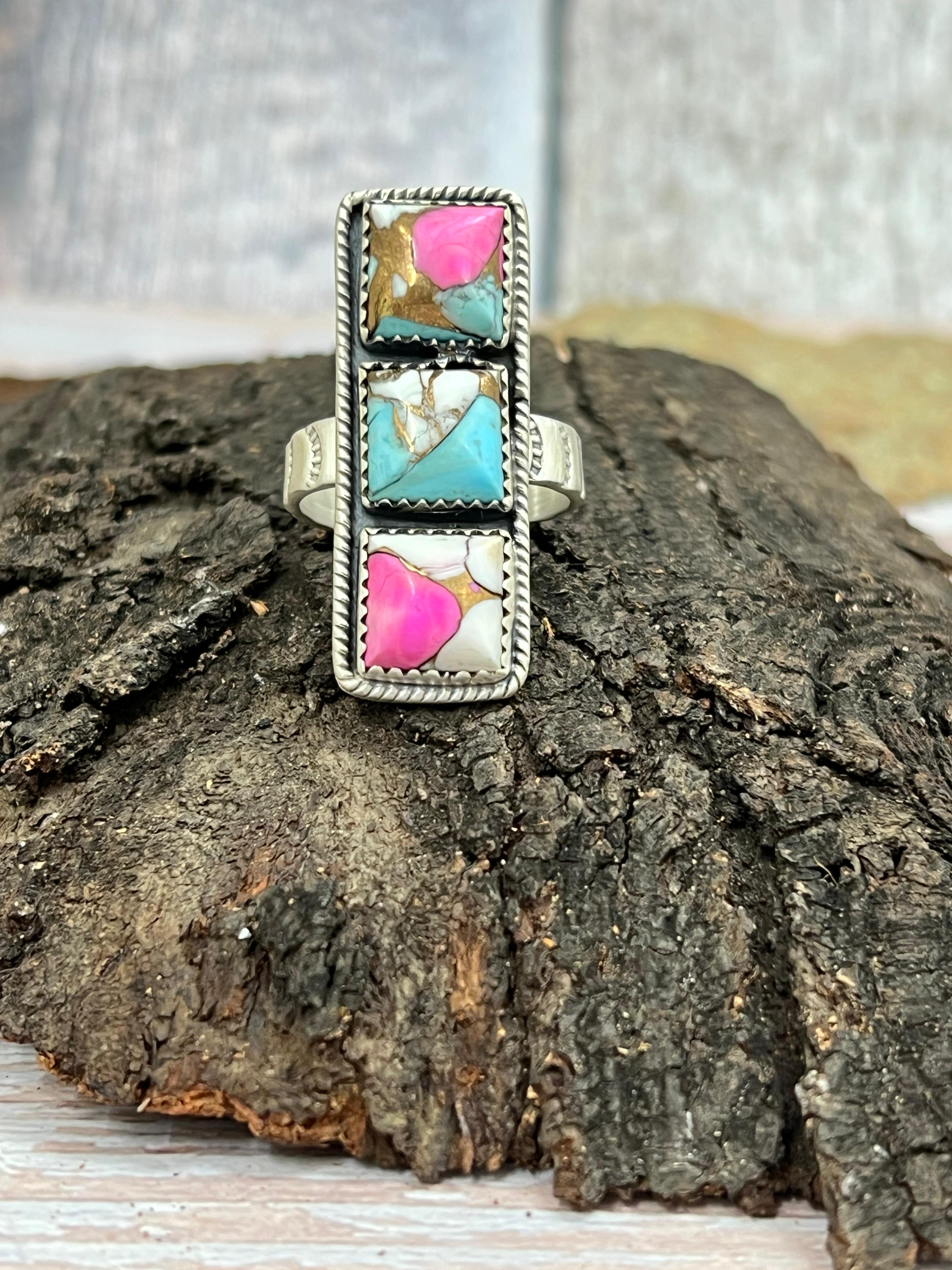 Handmade Sterling Silver Cotton Candy Turquoise Adjustable Ring with Signed Nizhoni