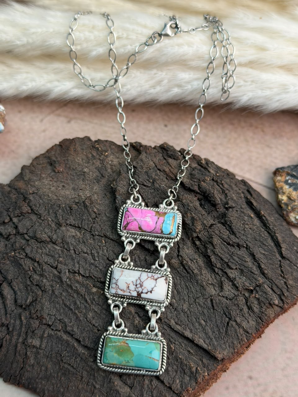 Handmade Sterling Silver Wildhorse Magnesite with Kingman Turquoise and Cotton Candy Necklace Signed Nizhoni