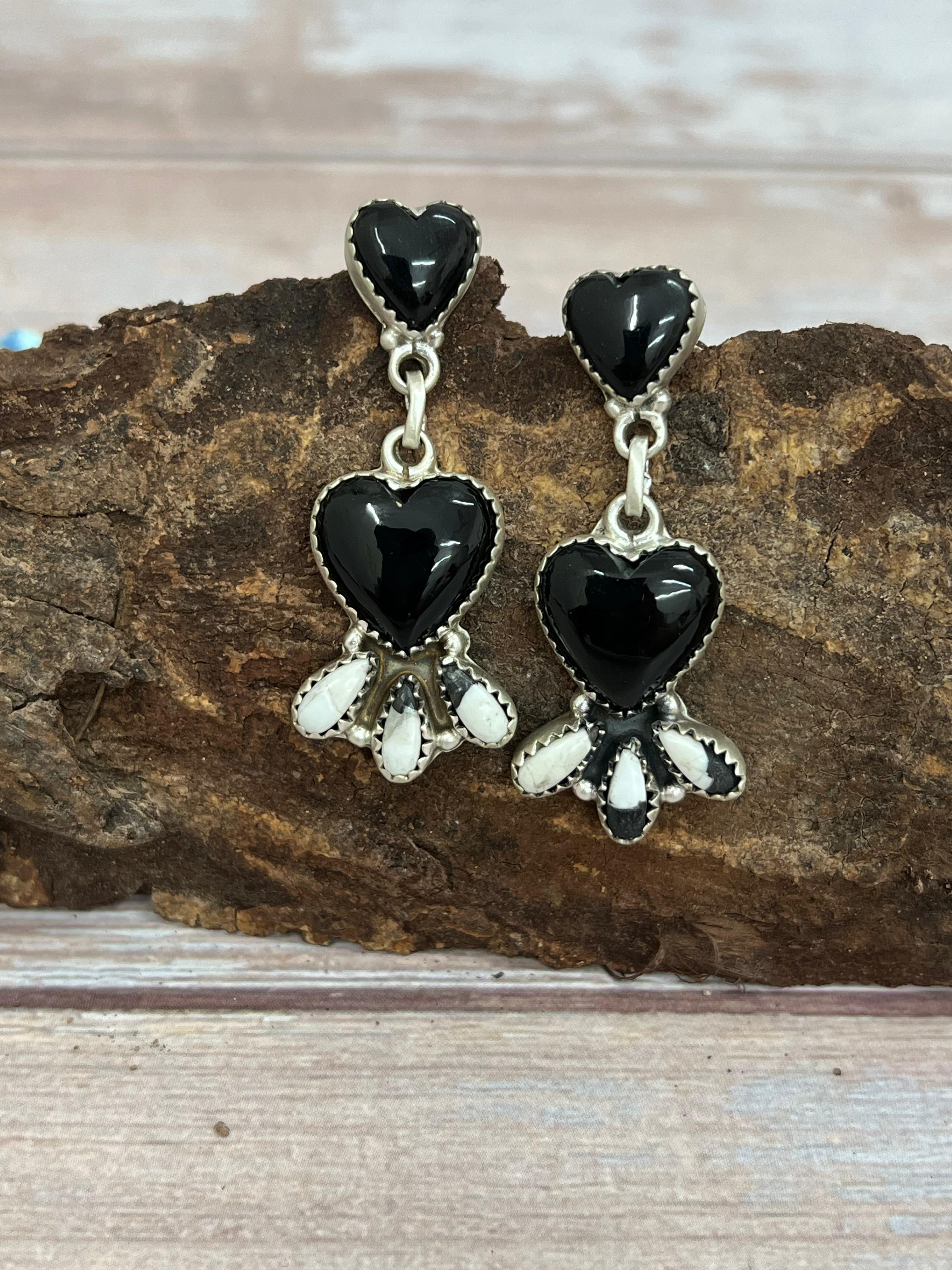 Handmade Sterling Silver oBlack Onyx with White Buffalo Turquoise Dangle Earrings, Signed Nizhoni