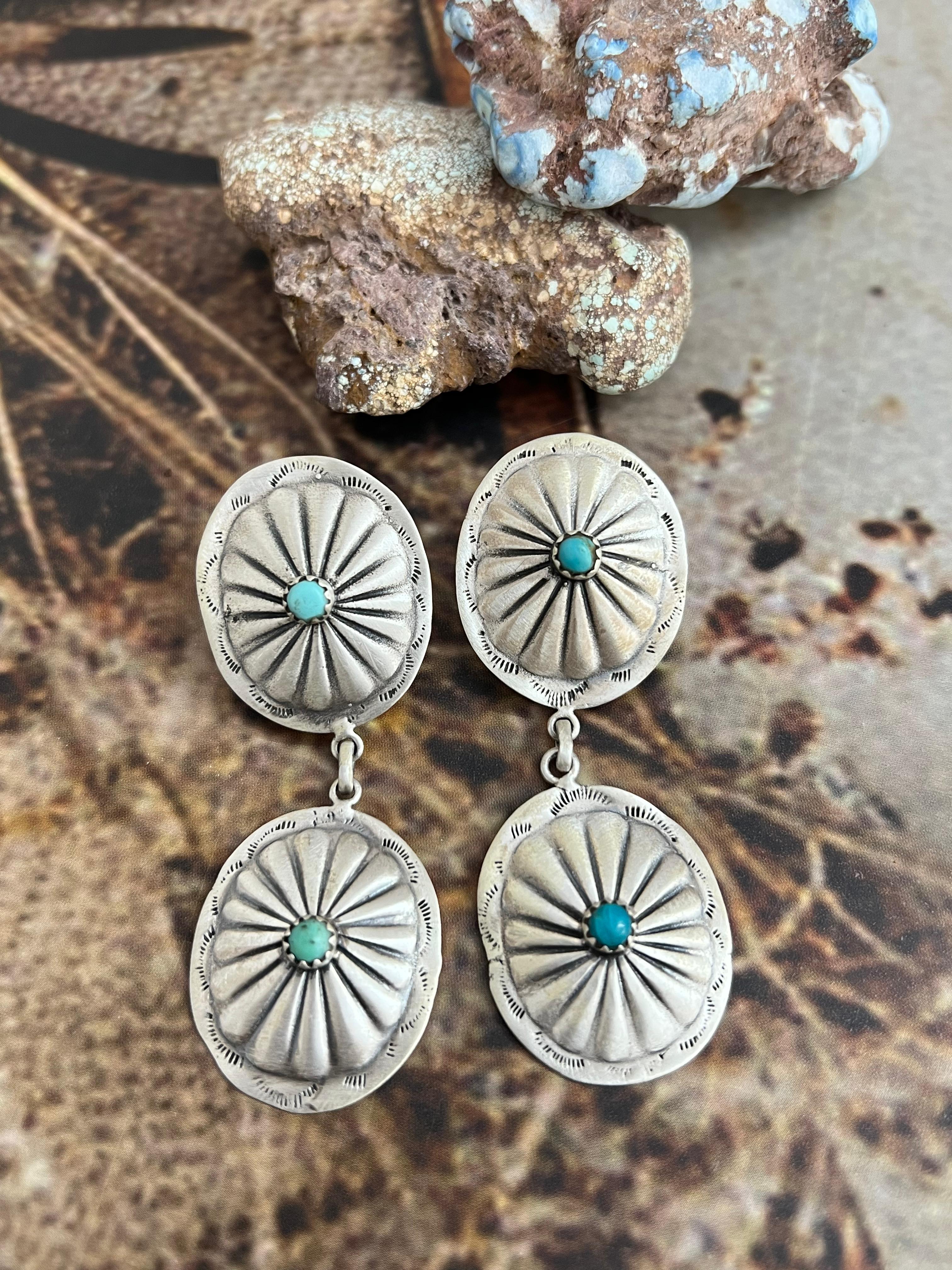 Handmade Sterling Silver Kingman Turquoise Post Dangle Earrings with Signed Nizhoni