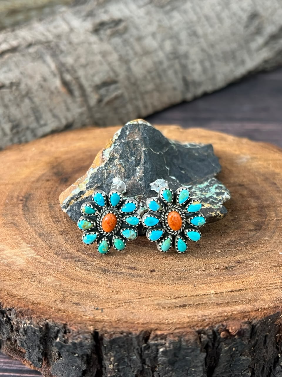 Handmade Sterling Silver Kingman Turquoise with Orange Mojave Post Studs Earrings Signed Nizhoni