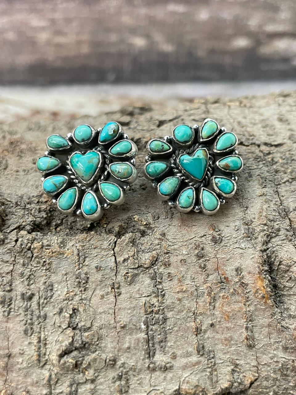"Heart Collection" Handmade Sterling Silver Kingman Turquoise Post Studs Earrings "Signed Nizhoni"