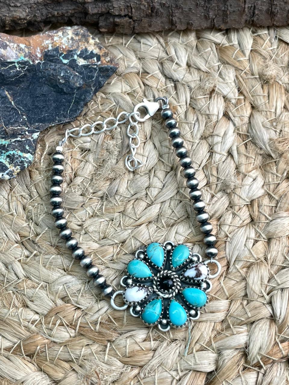 Handmade Sterling Silver Beaded Kingman with Wildhorse, Black Onyx Chain Bracelet "Signed Nizhoni"