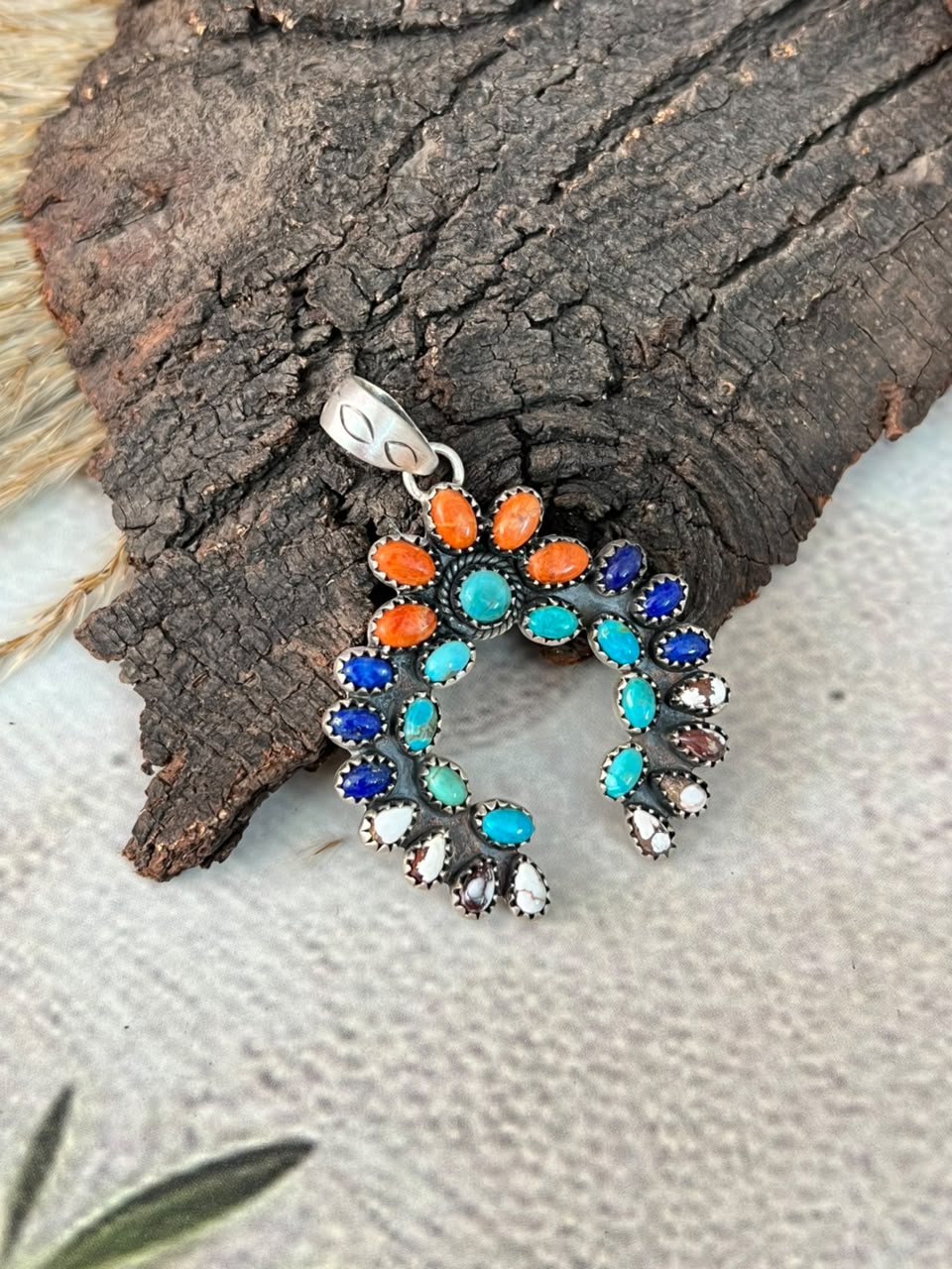 Handmade Sterling Silver Orange Mojave with Kingman Turquoise, Lapis and Wildhorse Magnesite Naja Pendant Signed Nizhoni