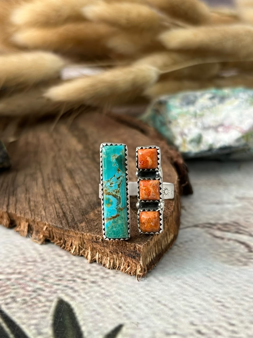 Handmade Sterling Silver Orange Mojave with Kingman Turquoise Adjustable Ring Signed Nizhoni