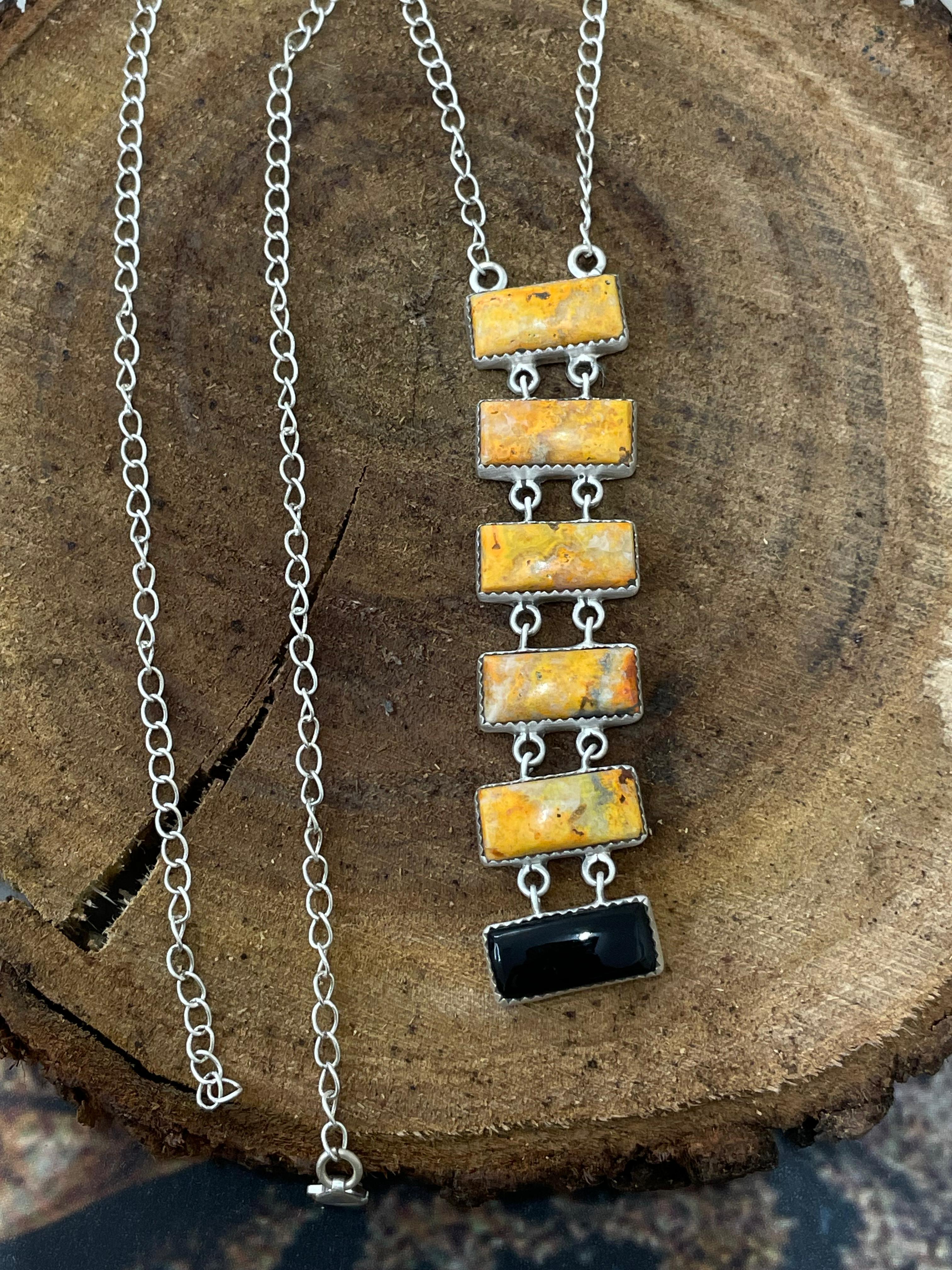 "Halloween Collection" Handmade Sterling Silver Black Onyx, Bumblebee Necklace with Signed Nizhoni