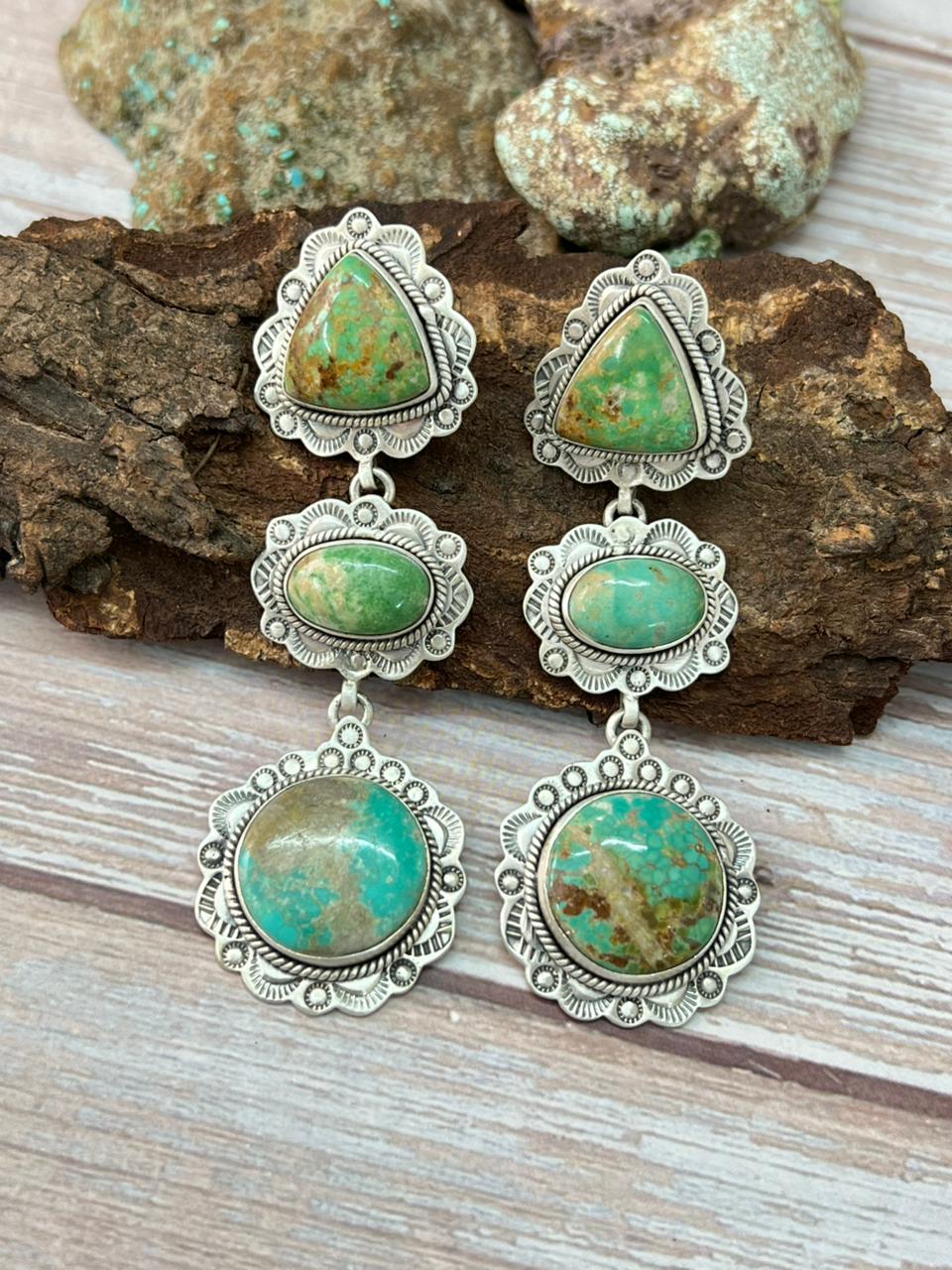 Handmade Sterling Silver Mantis Turquoise Post Dangle Earrings with Signed Nizhoni