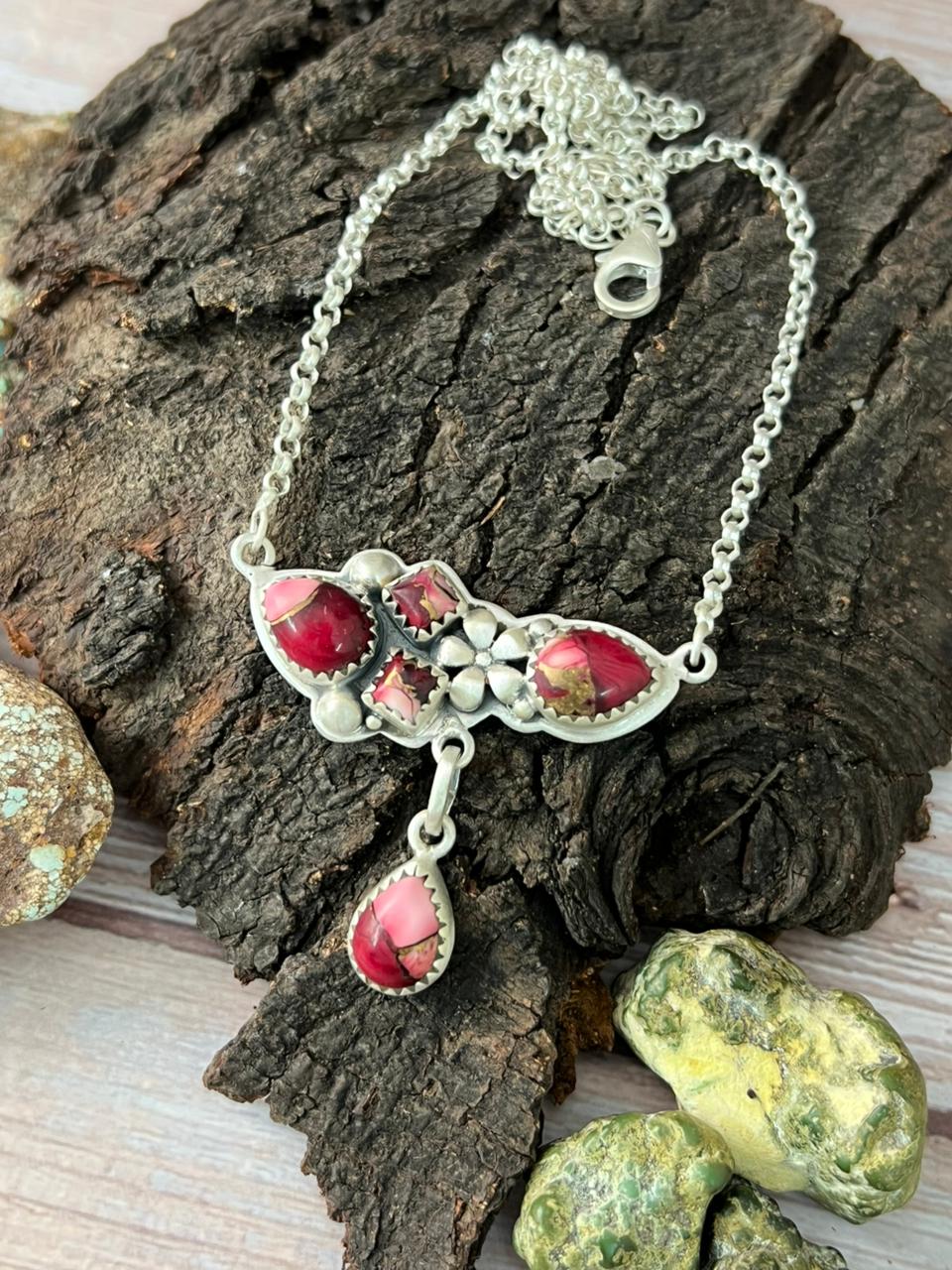 Handmade Sterling Silver Dahlia Rose Necklace with Signed Nizhoni