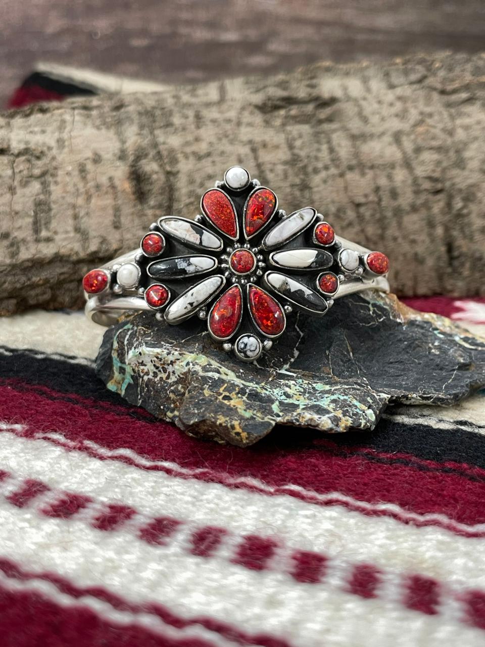 "Christmas Collection" Handmade Sterling Silver White Buffalo With Red Opal Cuff Bracelet "Signed Nizhoni"