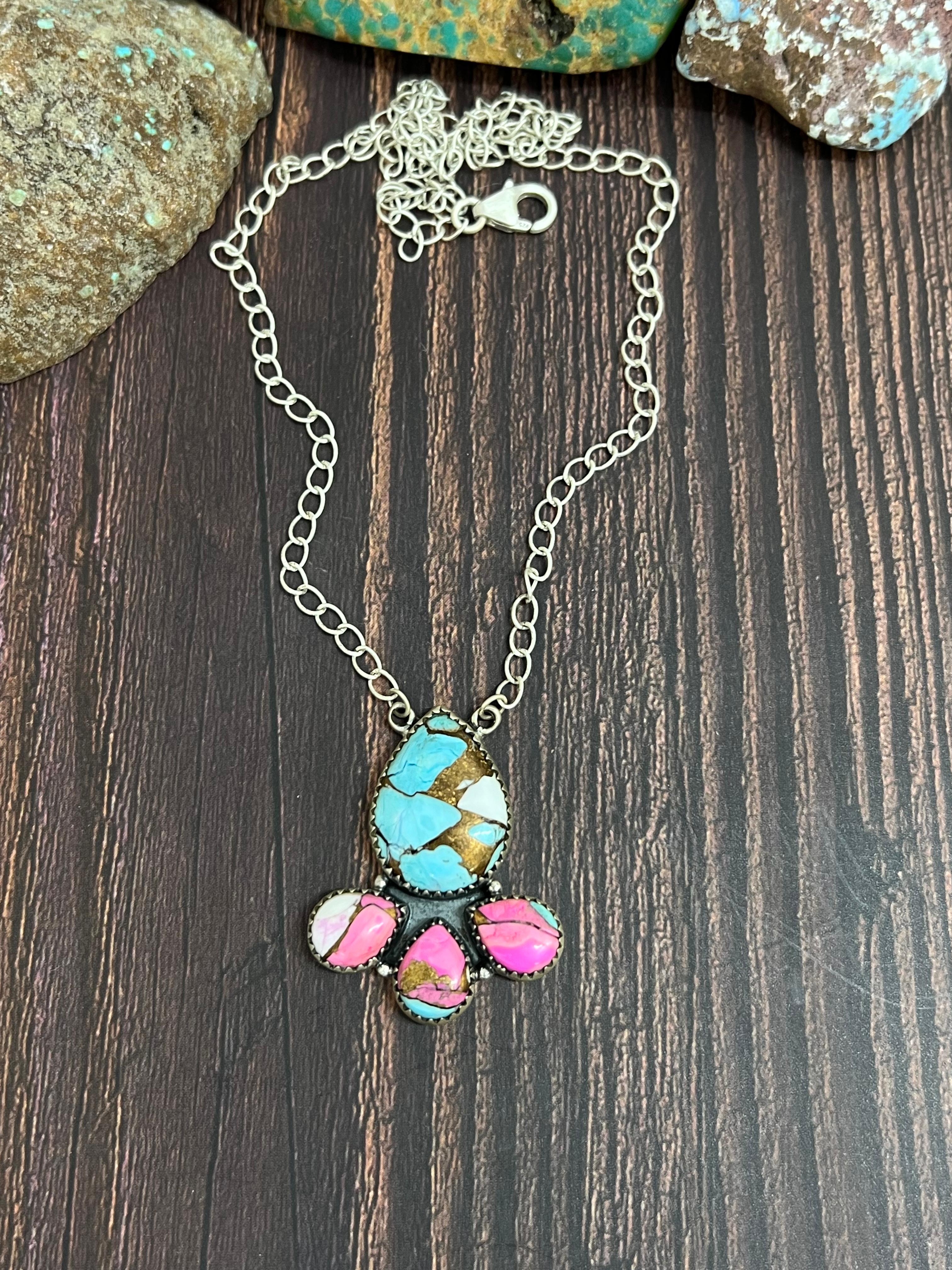 Handmade Sterling Silver Cotton Candy Turquoise Necklace with Signed Nizhoni