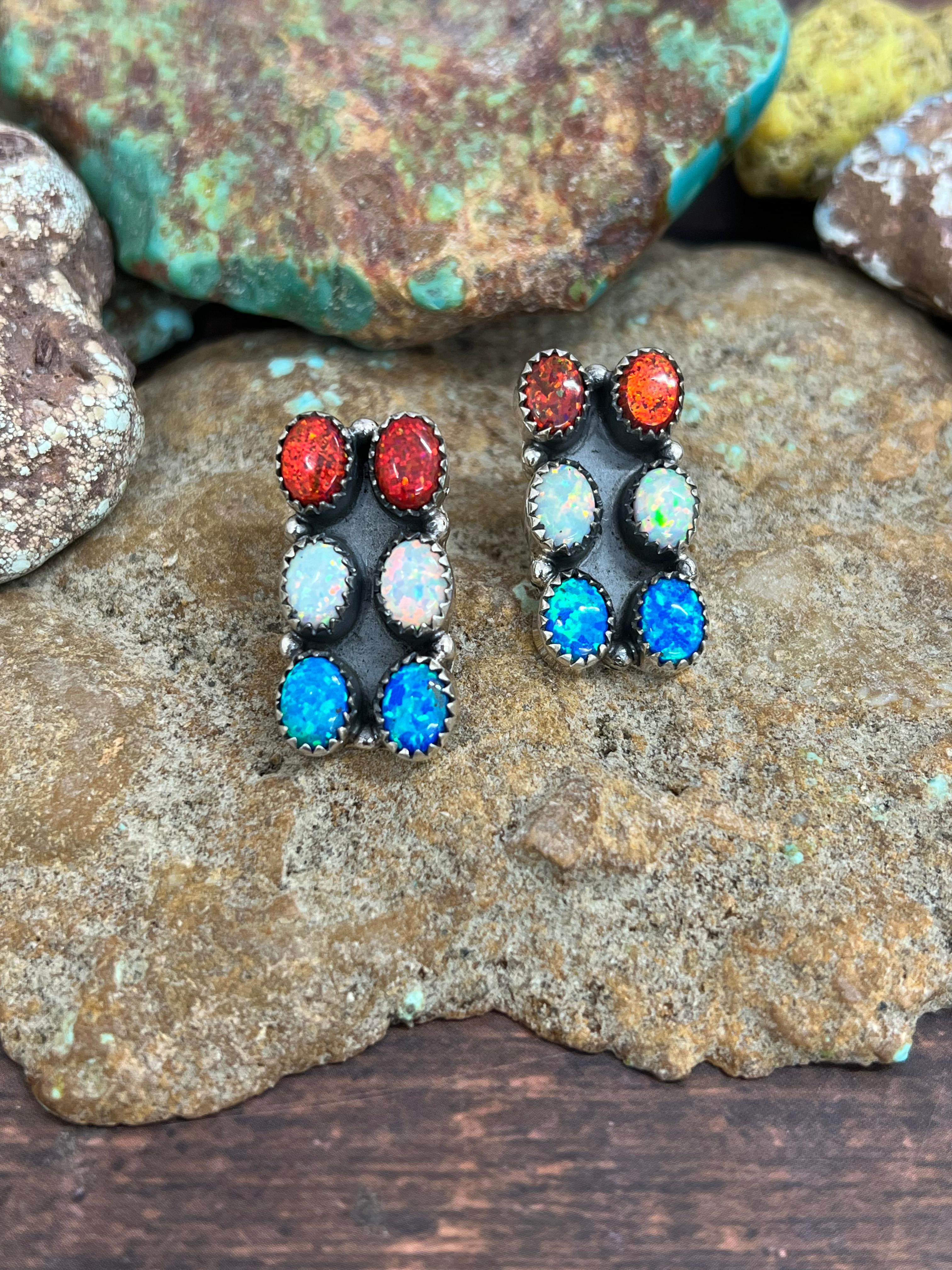 ** 4TH OF JULY ** Handmade Sterling Silver Synthetic Opal Post Earrings with Signed Nizhoni