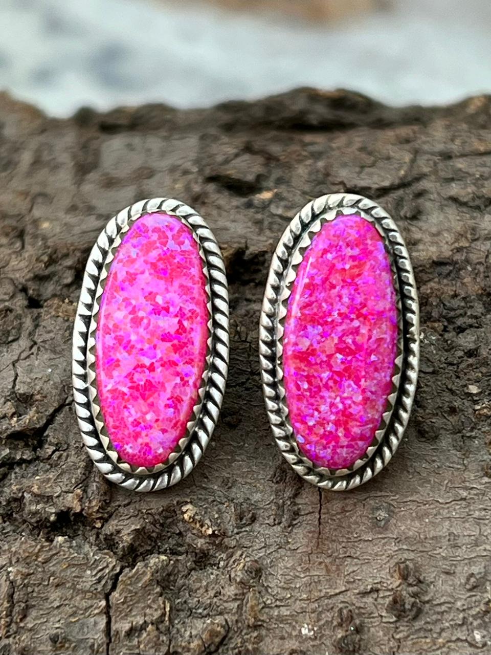 Handmade Sterling Silver Hot Pink Post Studs Earrings "Signed Nizhoni"