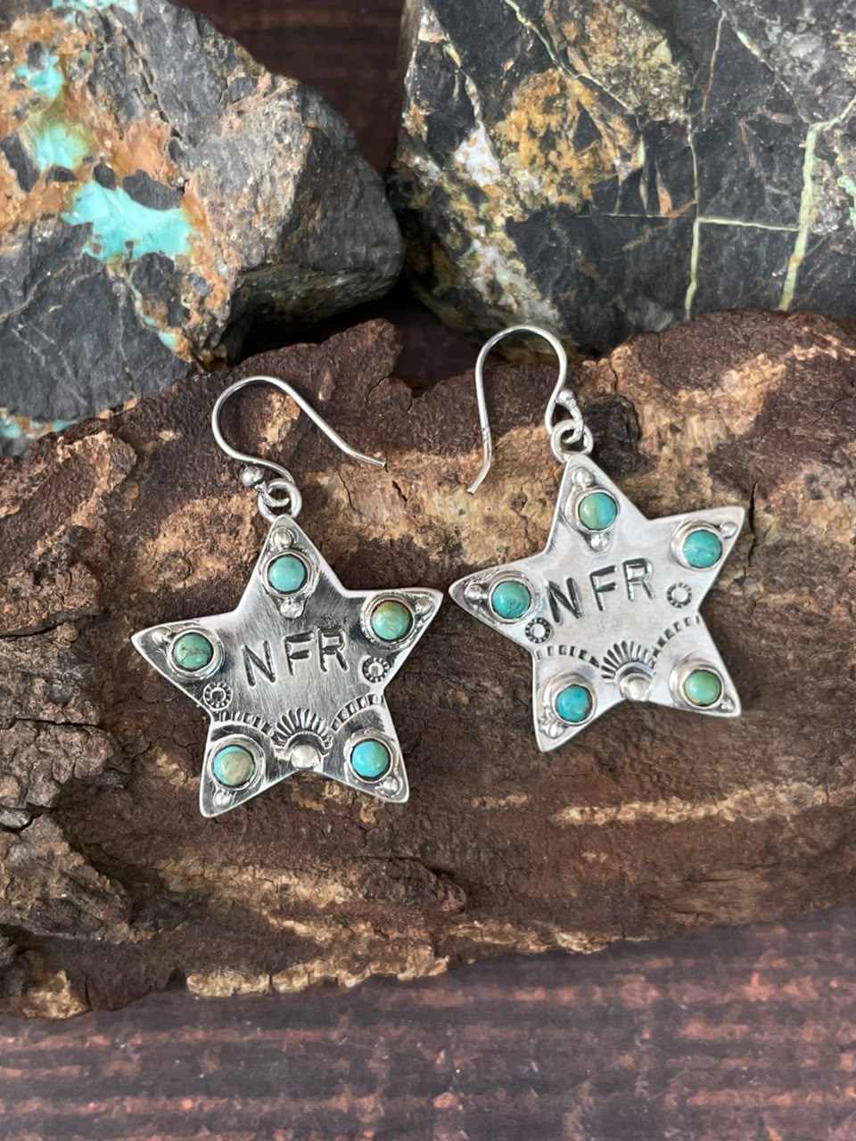 Handmade Sterling Silver Kingman Turquoise NFR Collection: Star Hook Dangle Earrings Signed Nizhoni