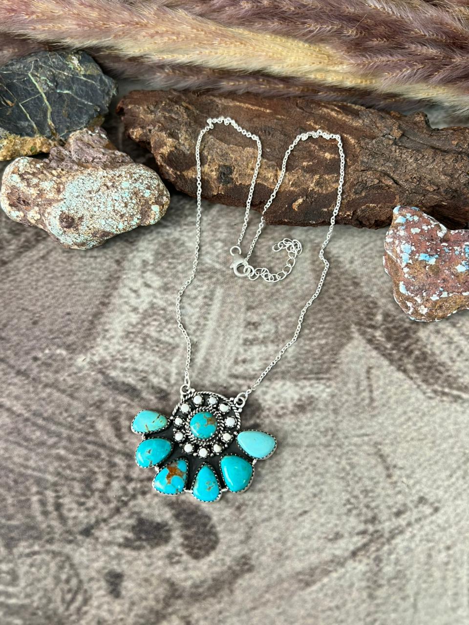 Handmade Sterling Silver Santa Maria with White Buffalo Necklace "Signed Nizhoni"