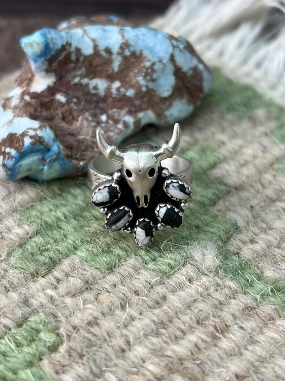 Handmade Sterling Silver White Buffalo Bull Adjustable Ring "Signed Nizhoni"