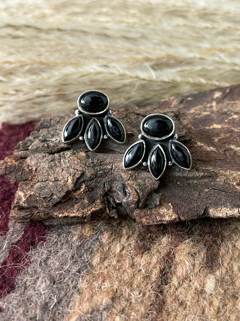 Handmade Sterling Silver Black Onyx Post Studs Earrings "Signed Nizhoni"