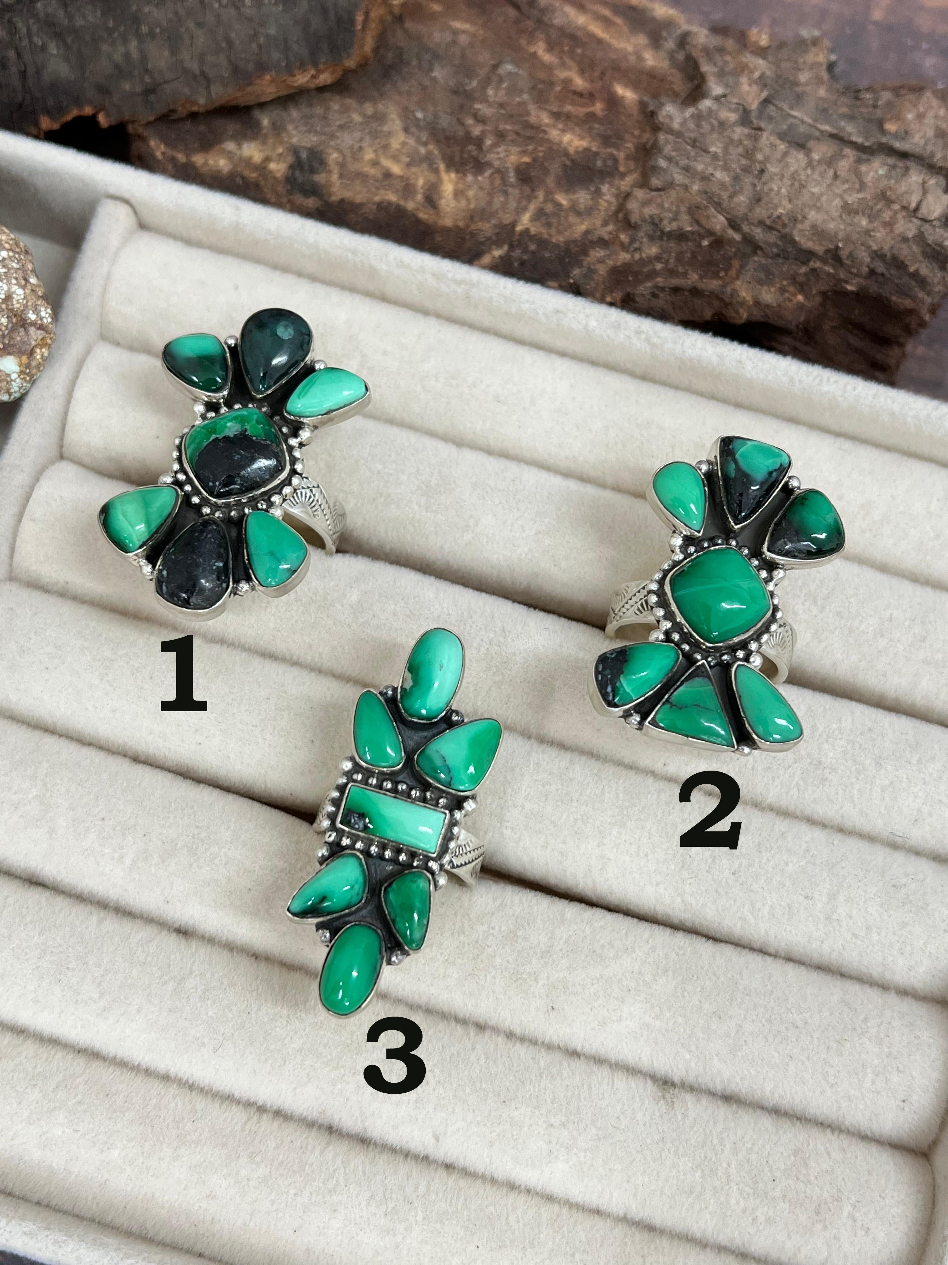 Handmade Sterling Silver Emerald Rose Variscite Adjustable Ring Signed Nizhoni