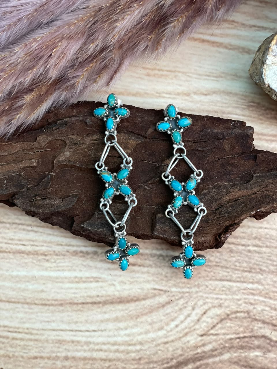 Handmade Sterling Silver Kingman Turquoise Post Dangle Earrings Signed Nizhoni