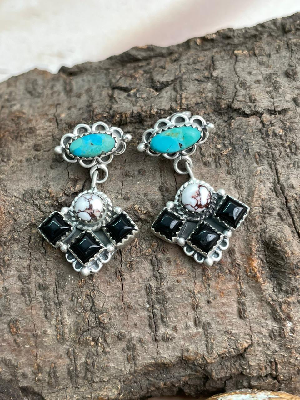 Handmade Sterling Silver Kingman with Wildhorse, Black Onyx Post Dangle Earrings Set "Signed Nizhoni"
