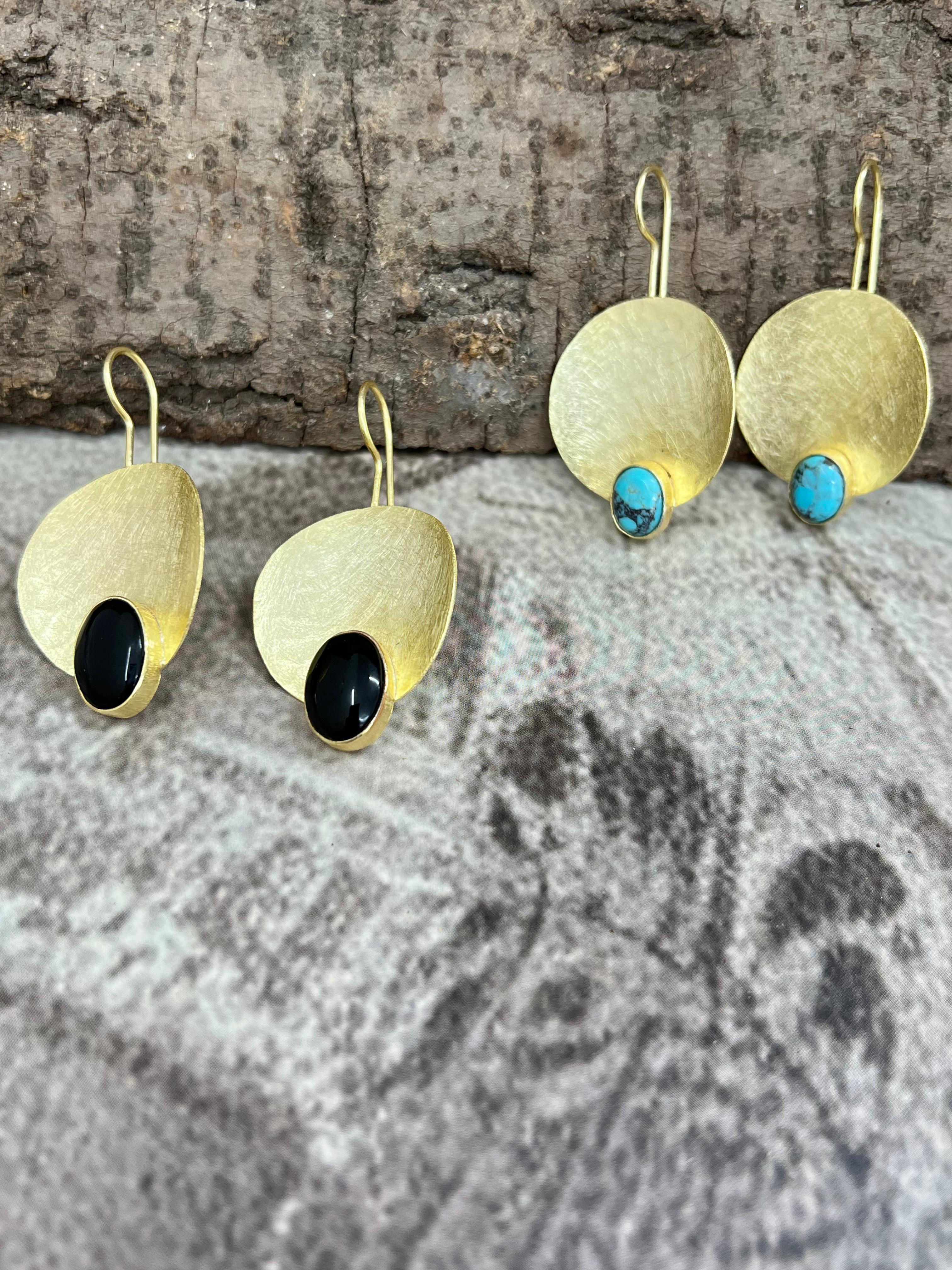 “The Golden Collection” Handmade Natural Black Onyx, Kingman Turquoise Hook Earrings