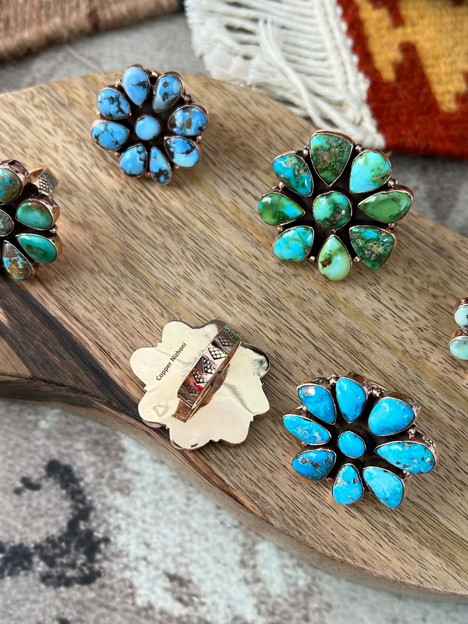 Handmade Royston, Paloma, Palomino, Sierra Bella, Sonoran Mountain and Golden Hills Turquoise Copper Collection: Adjustable Ring Signed Nizhoni